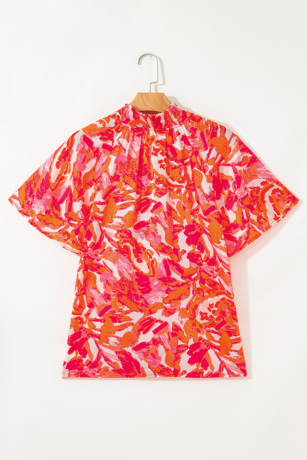 Rose Abstract Print Striped Trim Split Neck Blouse