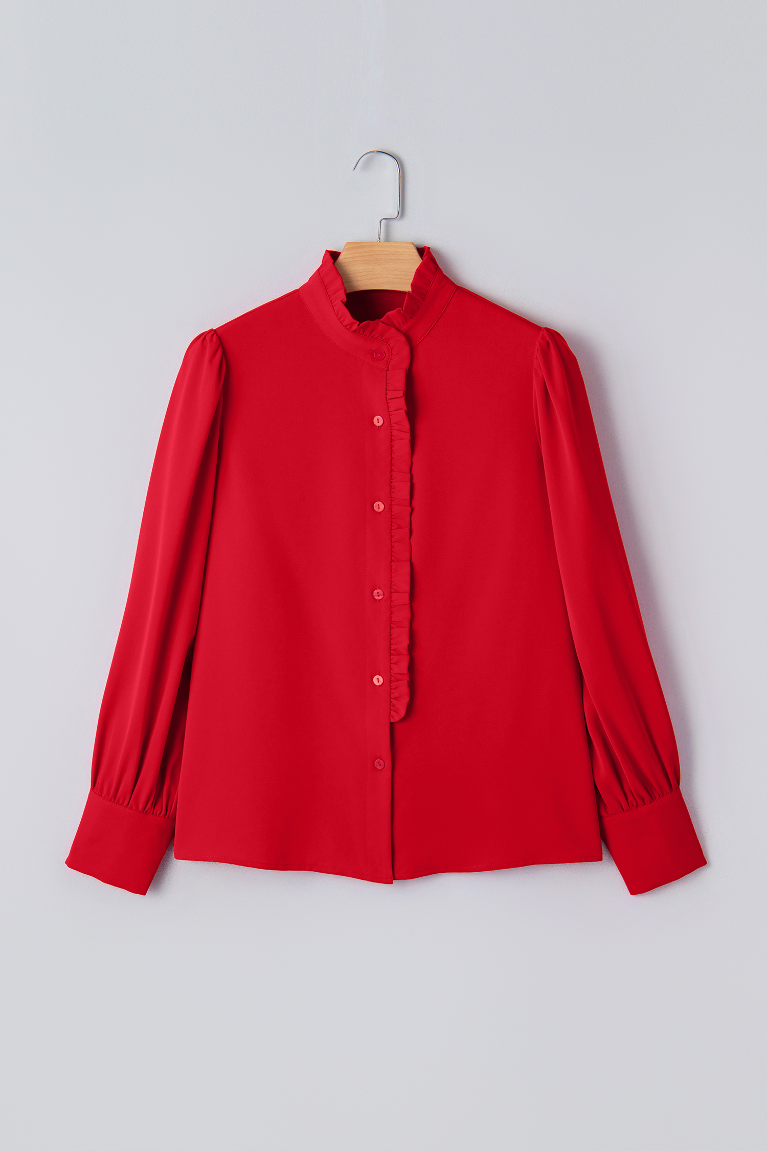 Fiery Red Frilled Trim Button Up Pleated Long Sleeve Shirt