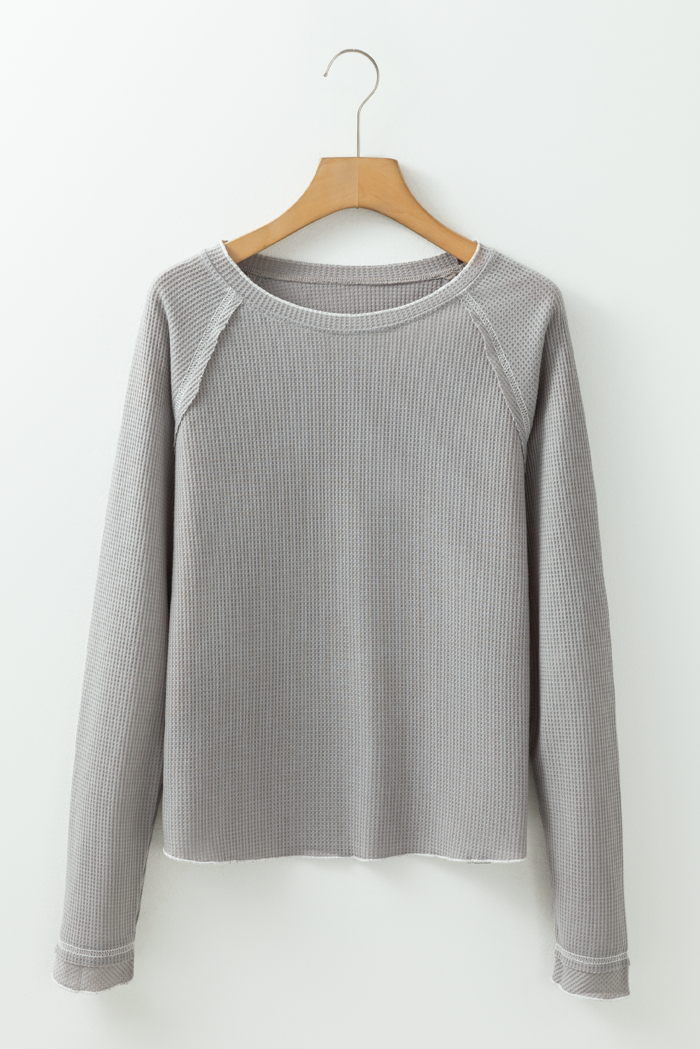Smoke Gray Textured Round Neck Long Sleeve Top