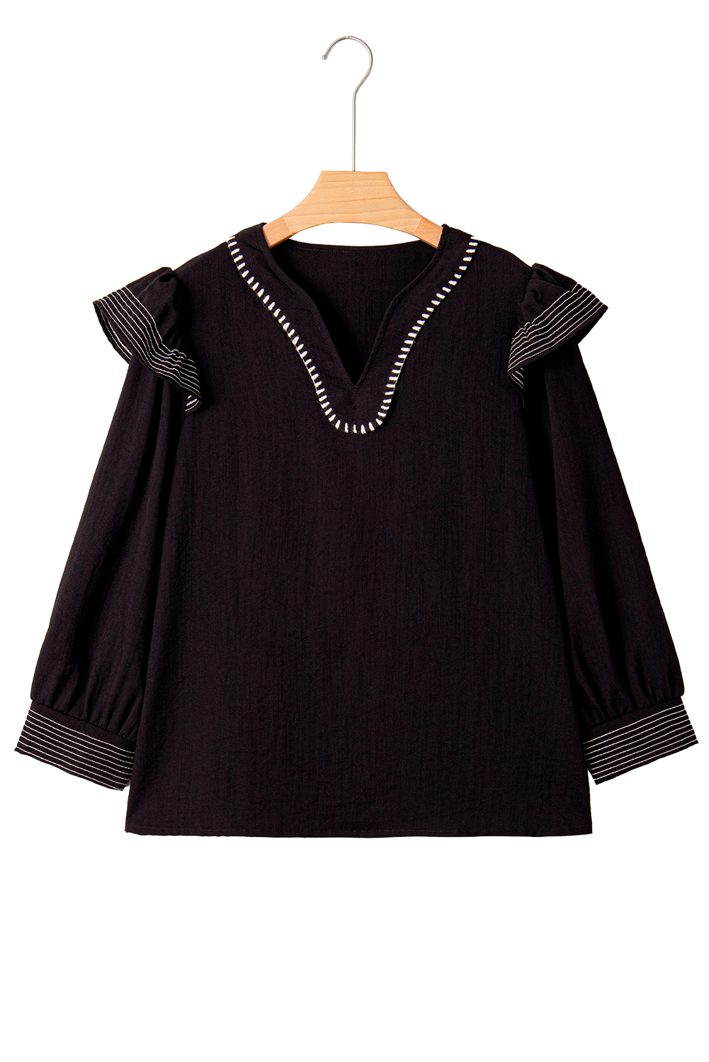 Black Contrast Stitched Detail V Neck Ruffle Long Sleeve Blouse