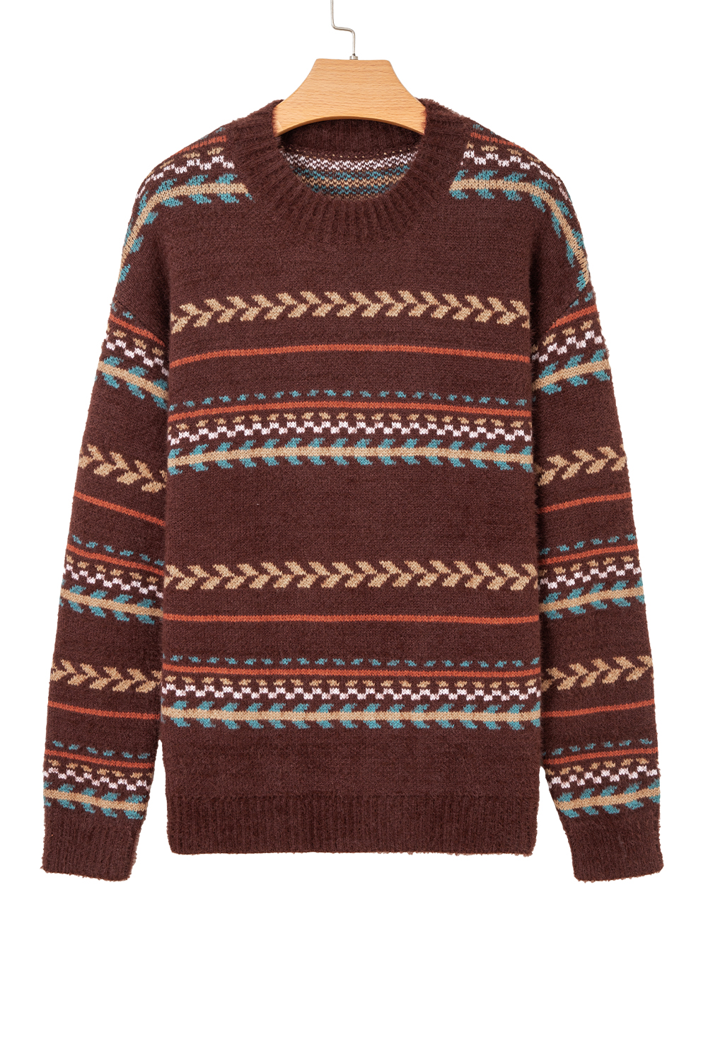 Brown Ethnic Pattern Mohair Knitted Drop Shoulder Sweater