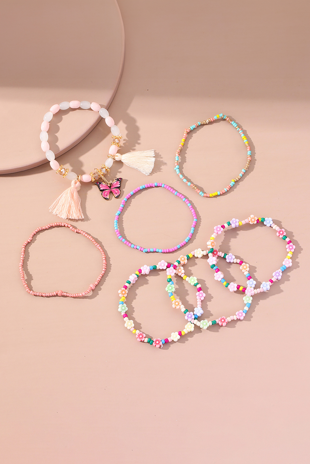 Peach Blossom 7pcs Handmade Beaded Bohemian Style Butterfly Tassel Bracelet Set