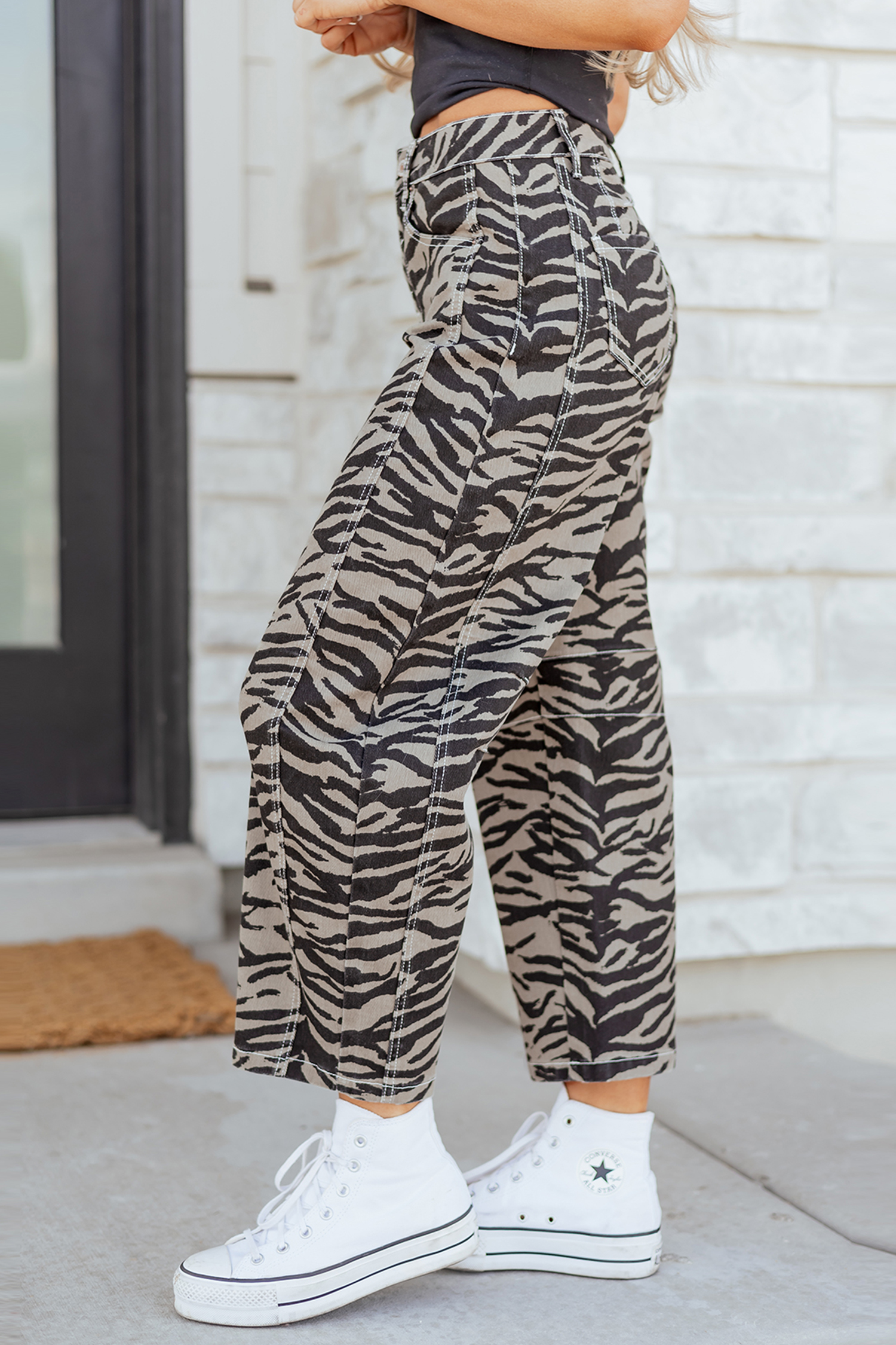 Gray Zebra Stripe Printed Wide Leg Jeans