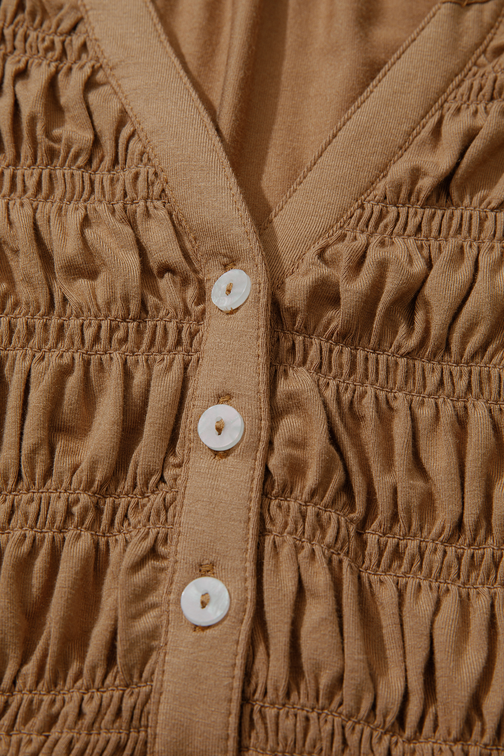 Black Smocked Bust Buttoned Split V Neck Flow Fit Blouse