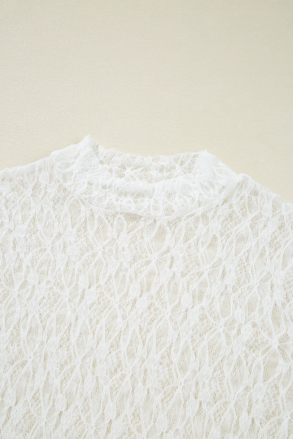 White Sheer Lace Bell Sleeve Mock Neck Blouse