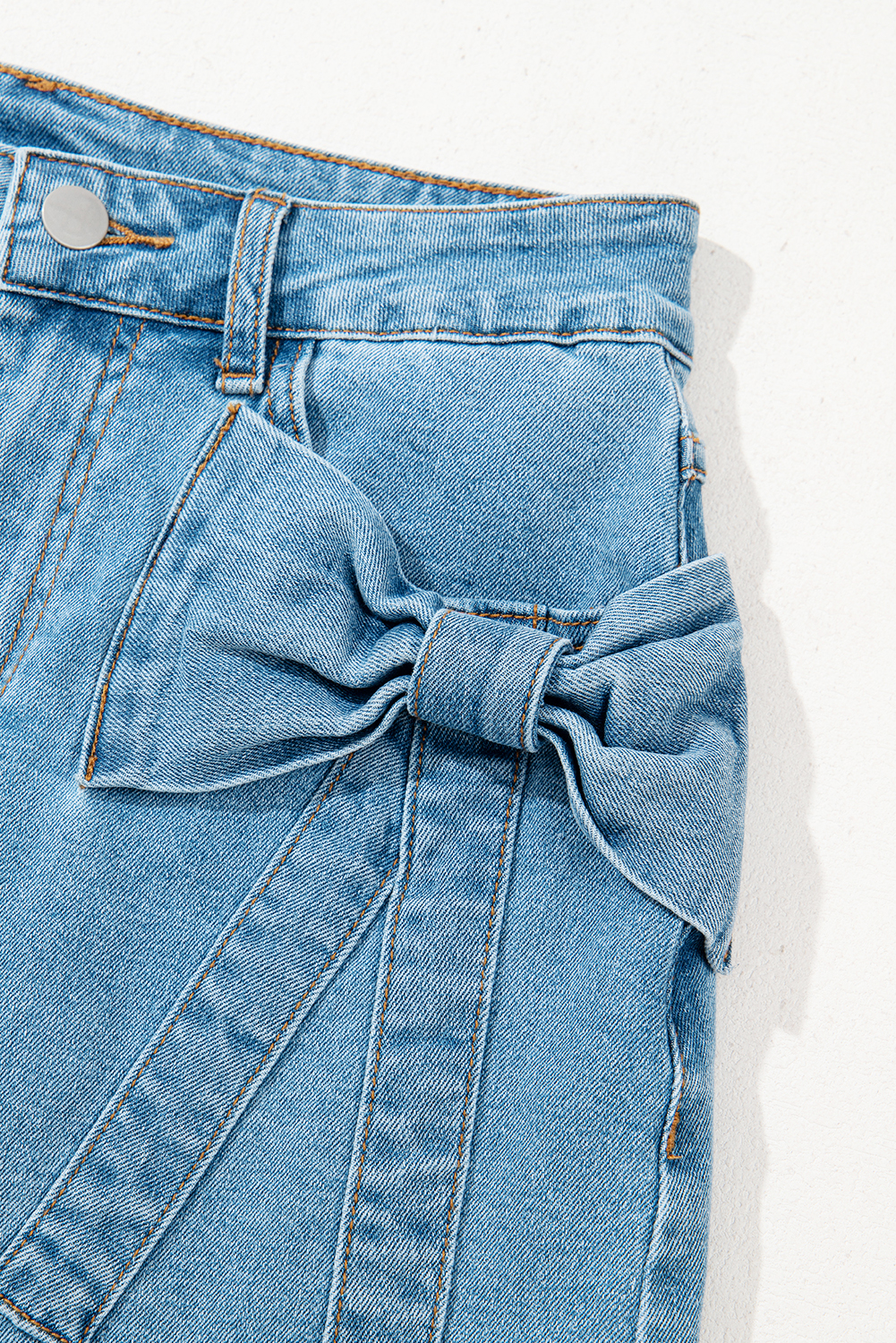 Dusk Blue Acid Wash Bowknot Details High Waist Denim Skirt
