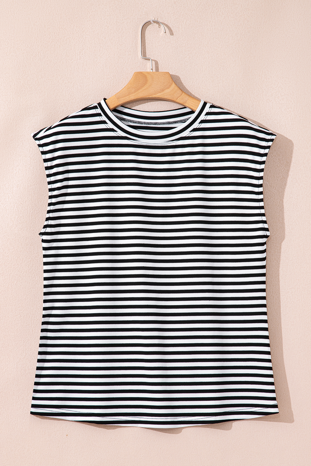 Sky Blue Stripe Ribbed Cap Sleeve Round Neck T Shirt