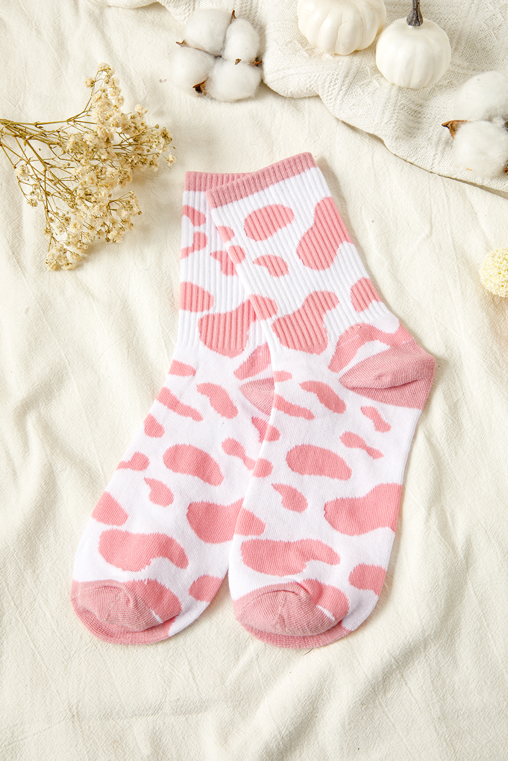 Pink Cow Print Ribbed Detail Crew Socks
