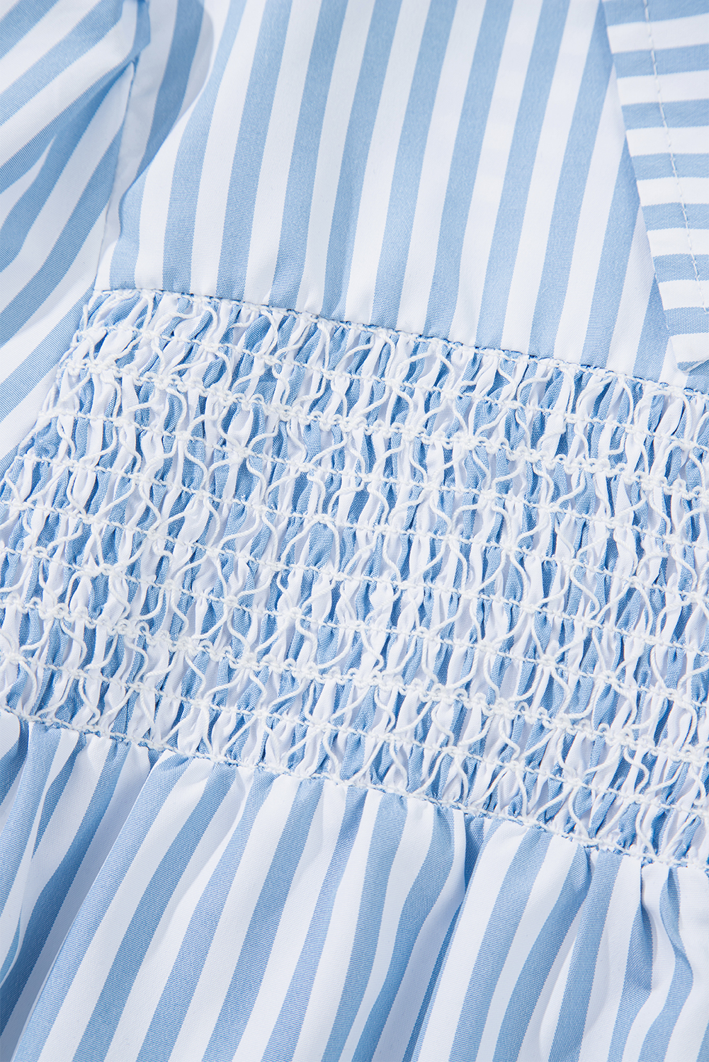 Sky Blue Stripe Shirred Detail Half Placket Collared Long Sleeve Fall Shirt