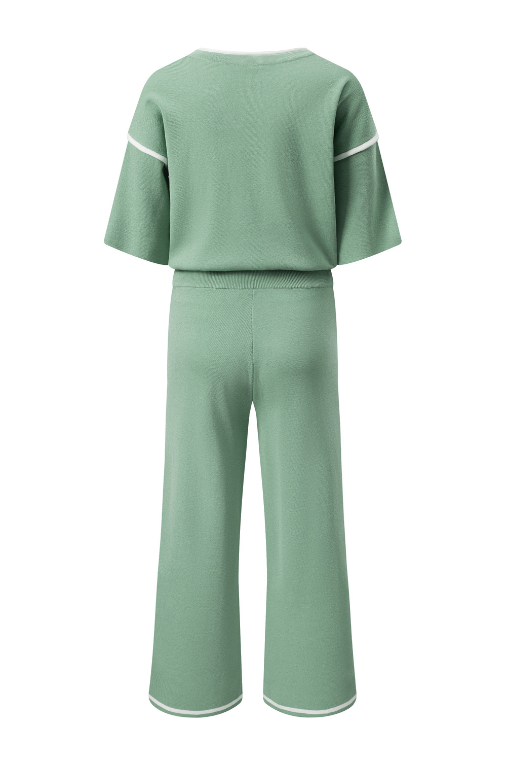 Blackish Green Contrast Trim Half Sleeve Top Drawstring Pants Loose 2pcs Sweater Suit