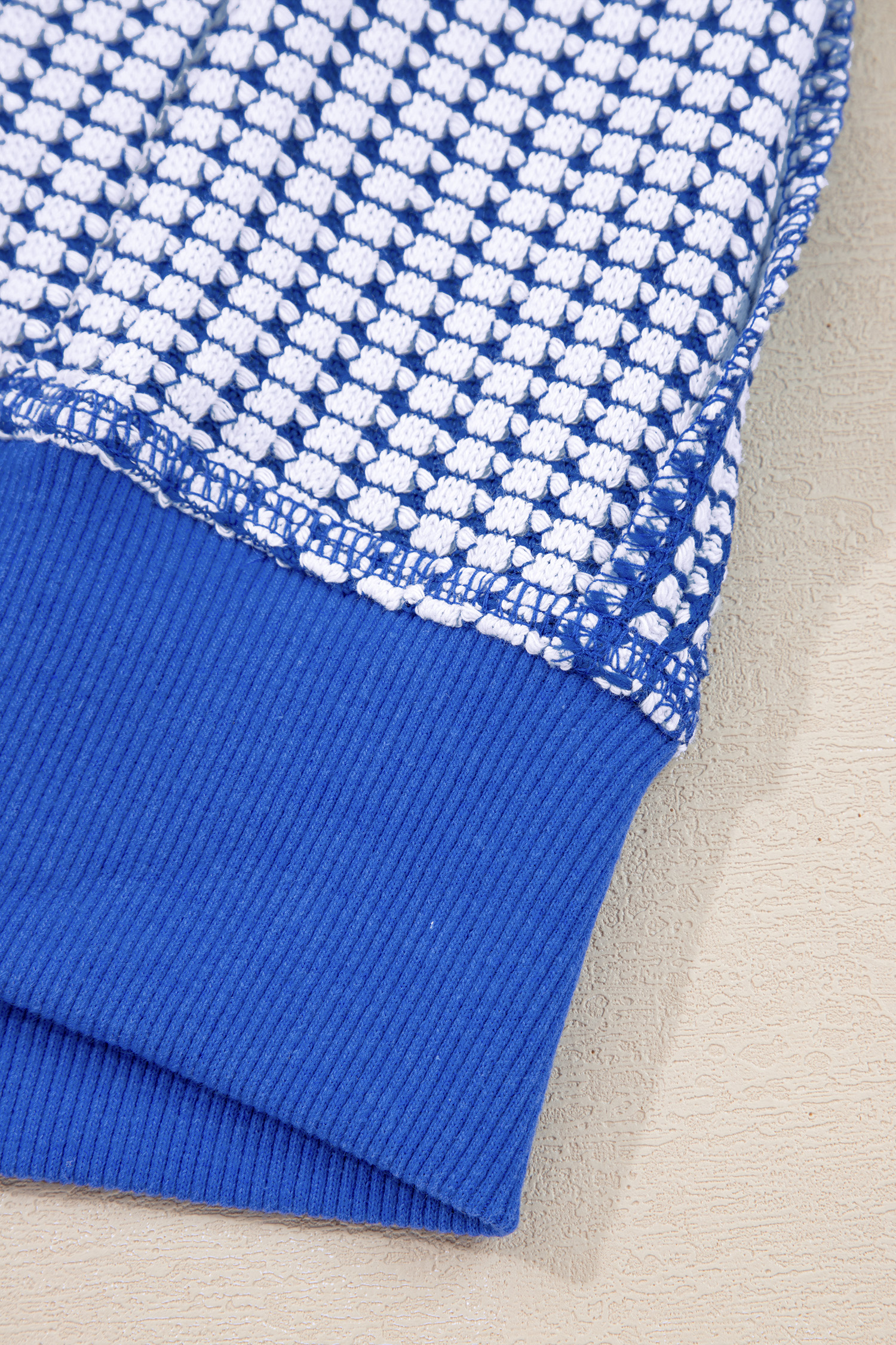 Dark Blue Waffle Knit Exposed Stitching Casual Top with Side Slits