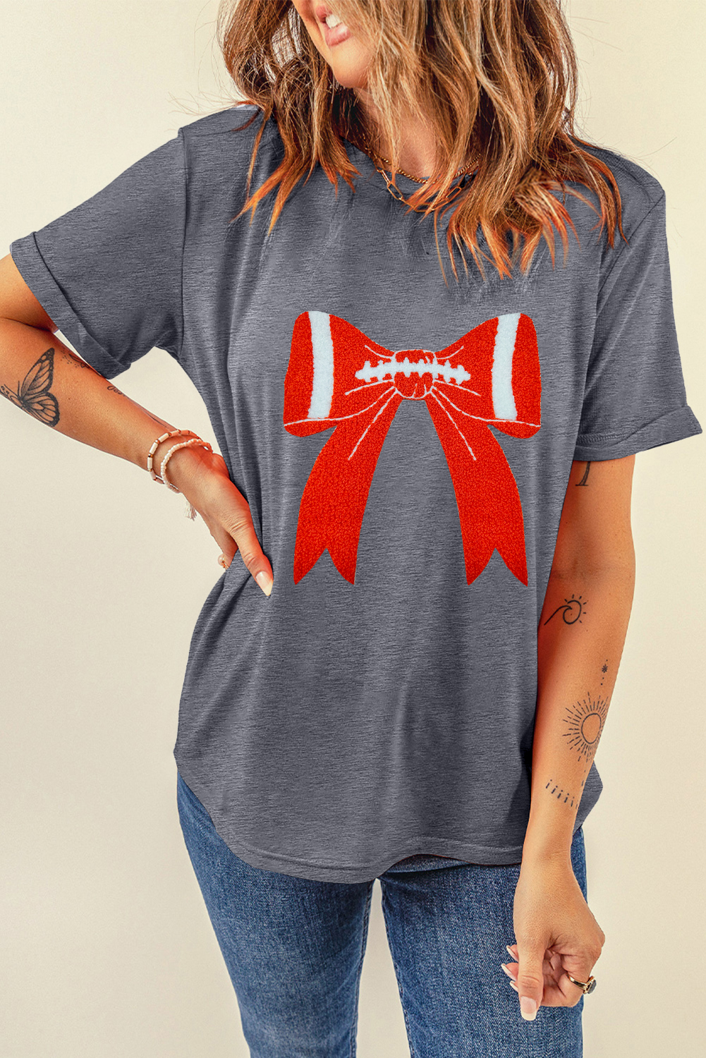 Gray Contrast Bowknot Game Day Graphic Tee