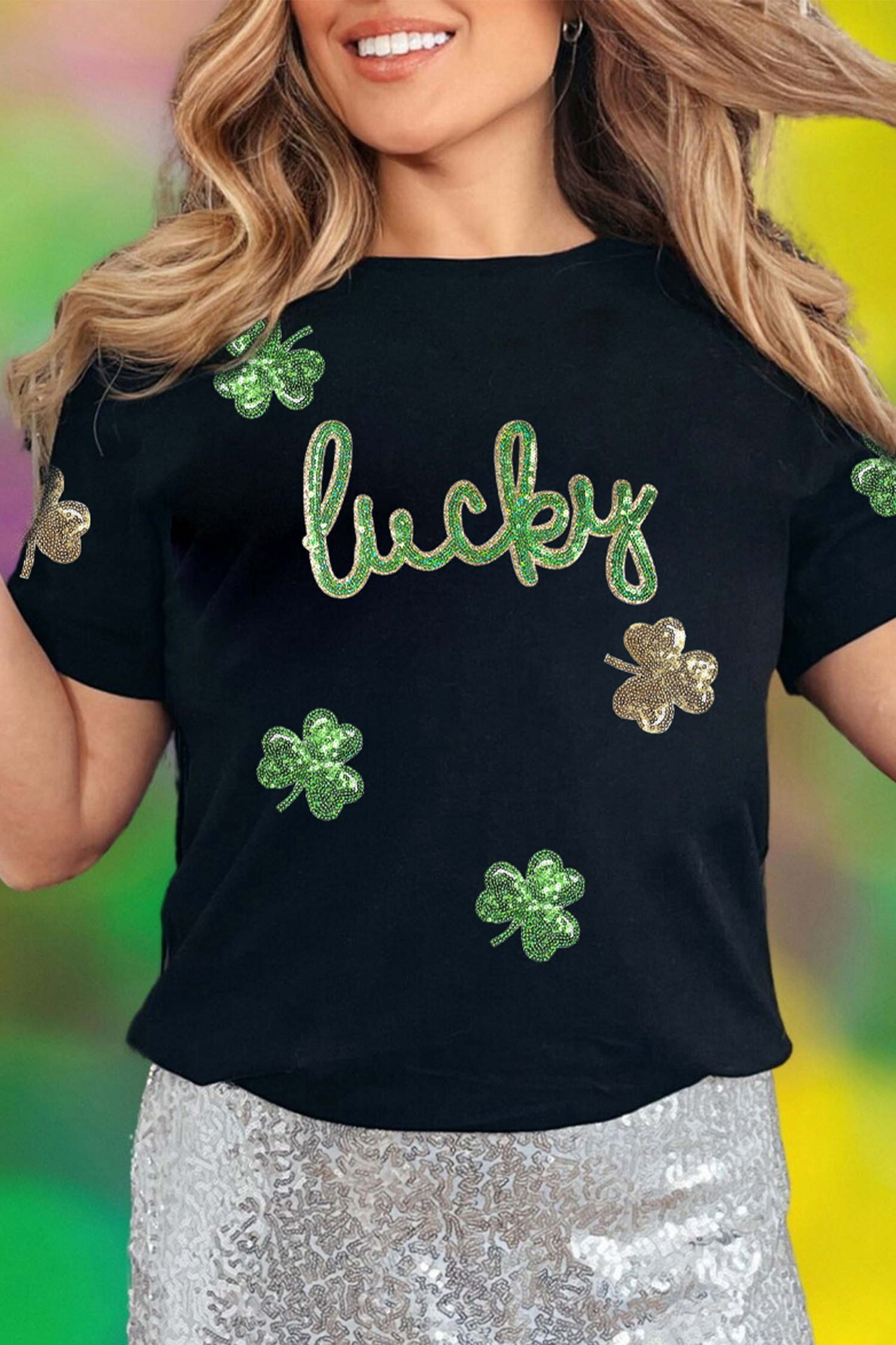 Black Lucky Sequin Shamrock Irish Festive Graphic Tee