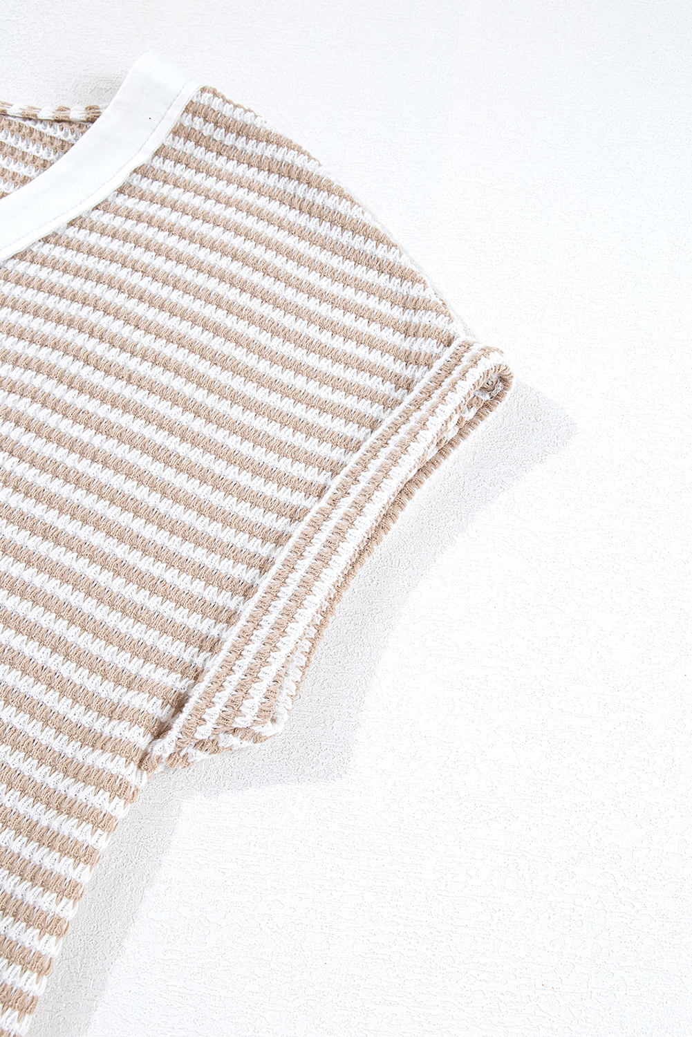 Khaki Stripe Buttoned Front V Neck Knitted T Shirt