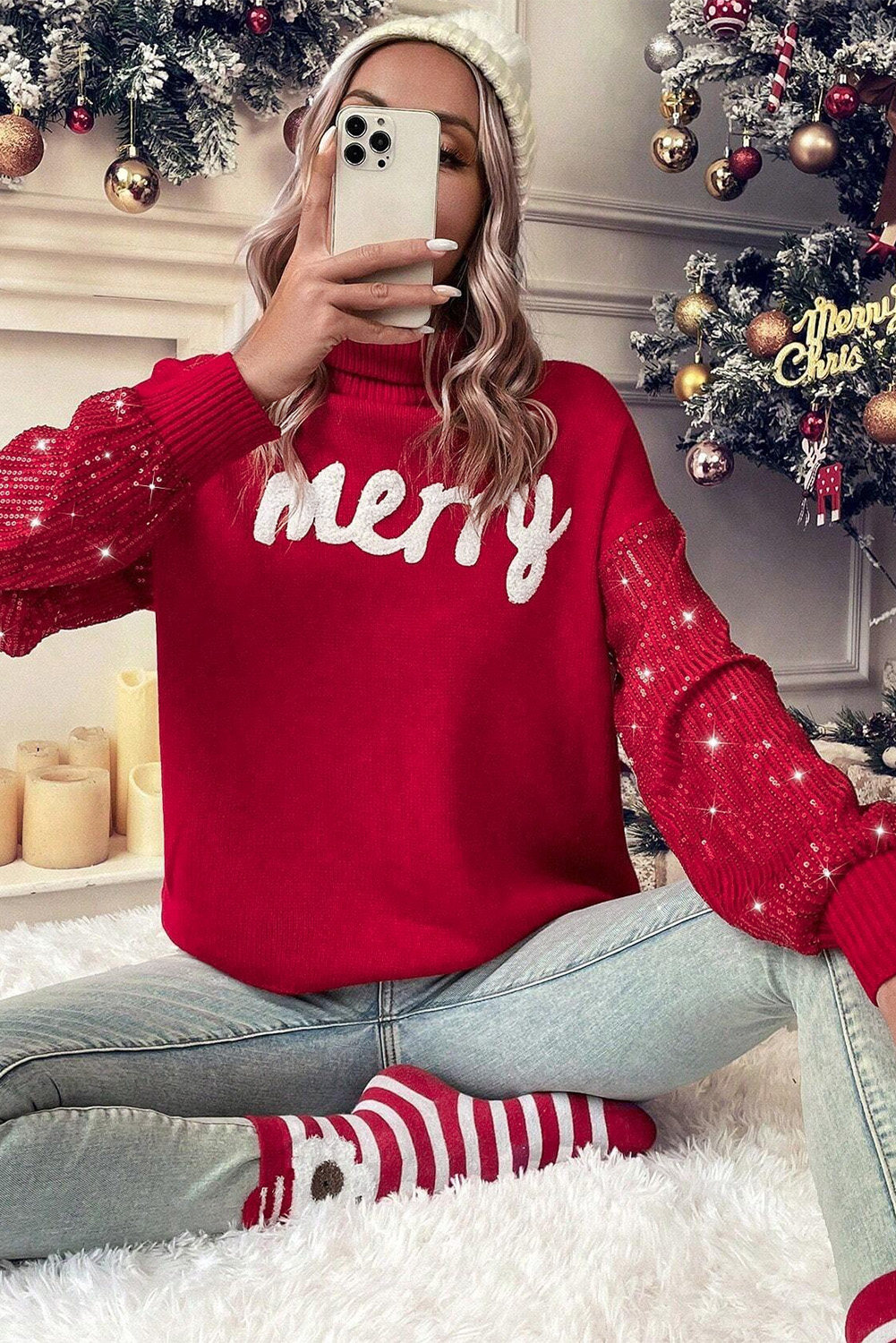 Fiery Red Merry Letter Embroidered High Neck Sweater
