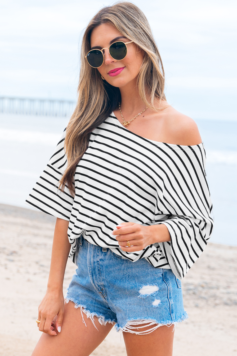 Black Stripe Half Sleeve Scoop Neck Loose Top