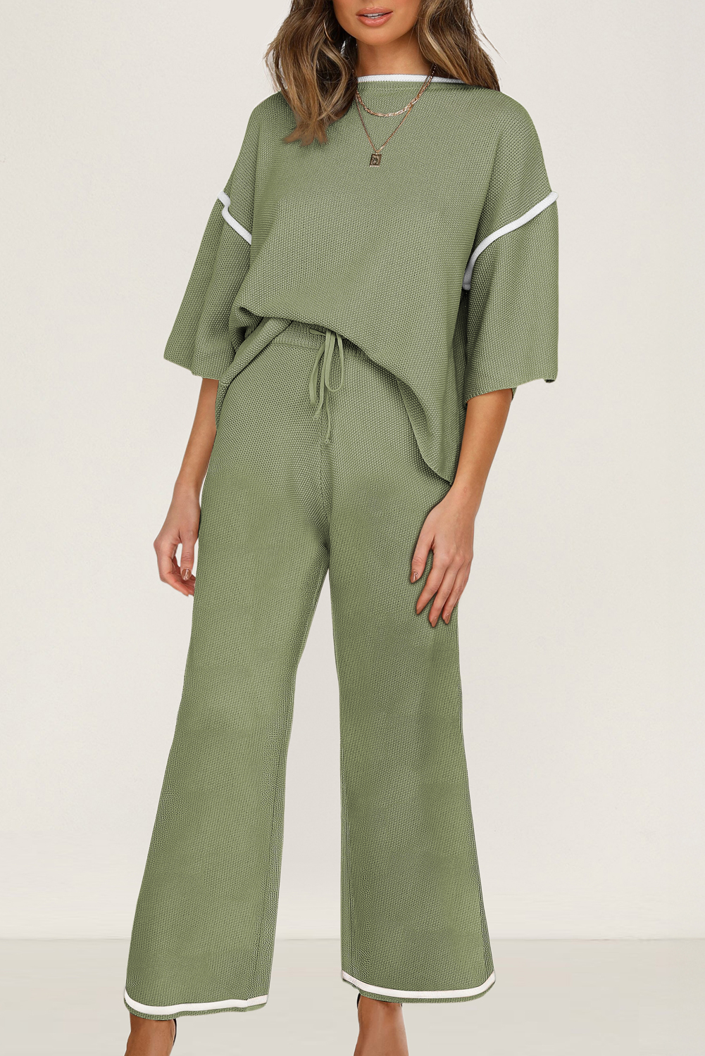 Blackish Green Contrast Trim Half Sleeve Top Drawstring Pants Loose 2pcs Sweater Suit