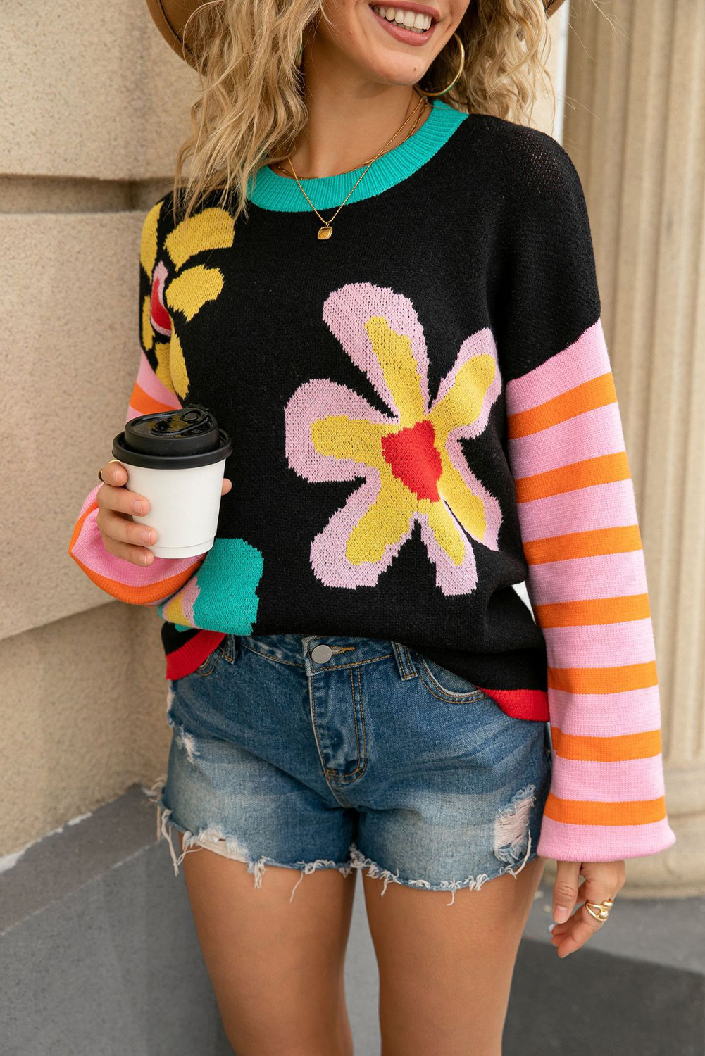 Apricot Cute Flower Pattern Striped Sleeve Sweater