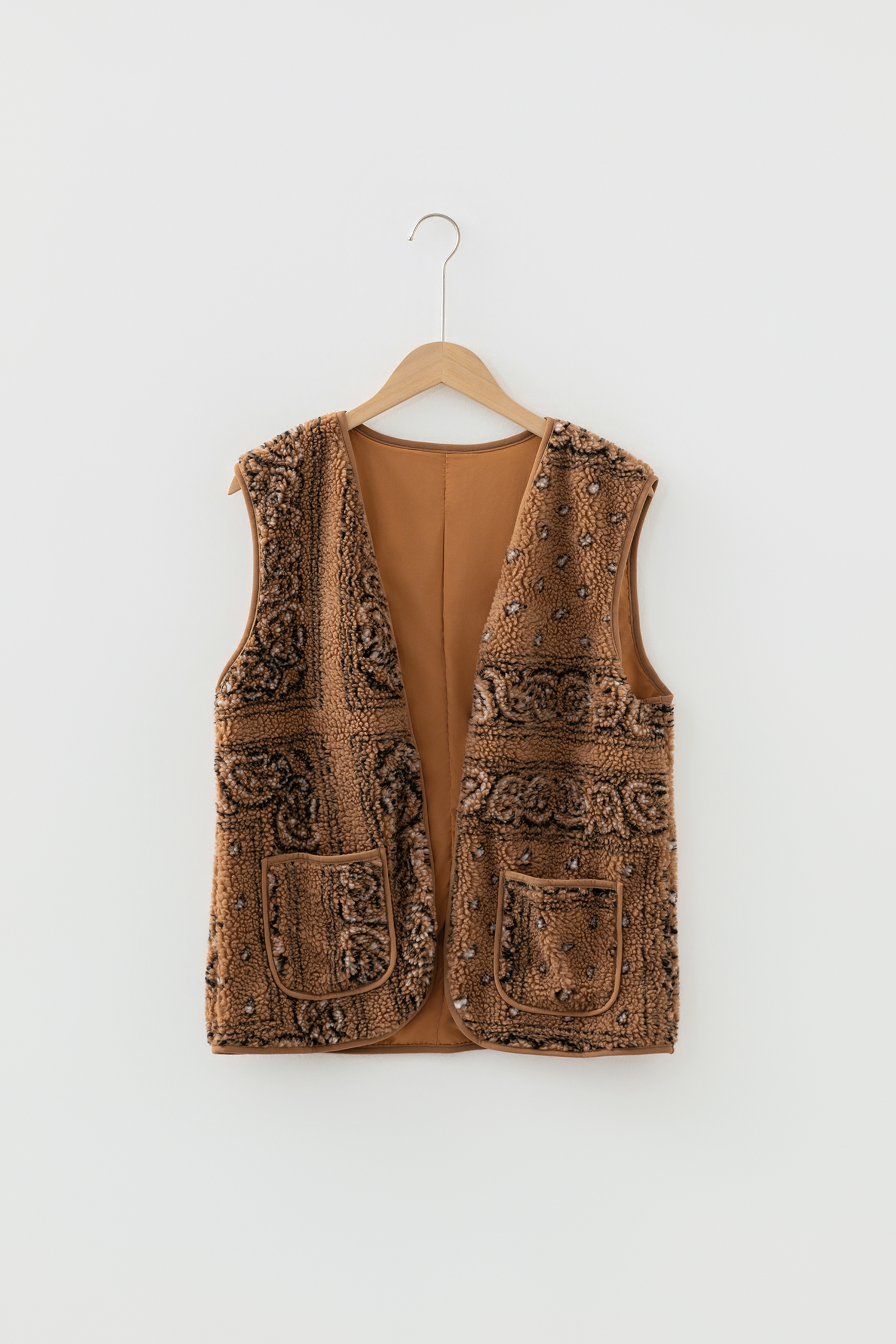 Brown Sherpa Paisley Print Pocketed Western Fashion Vest Jacket