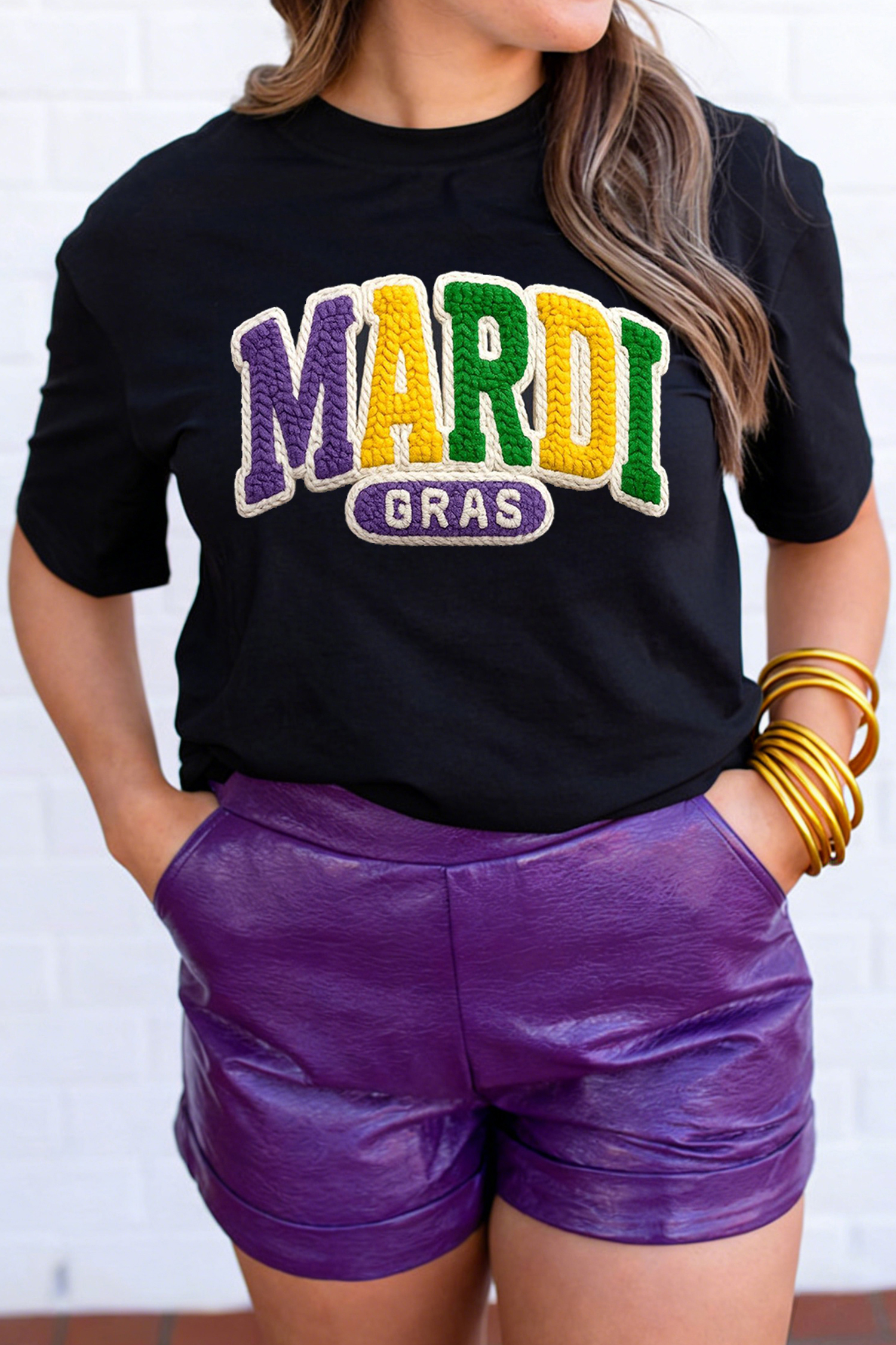 Black MARDI GRAS Faux Yarn Letter Graphic T Shirt
