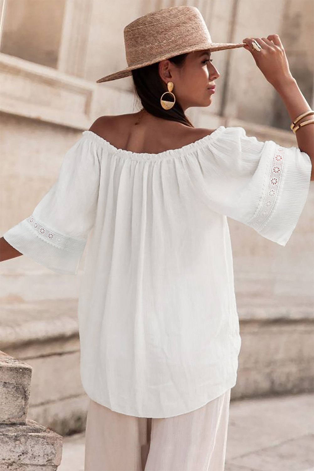 White Frilly Off Shoulder Lace Insert Sleeve Textured Blouse