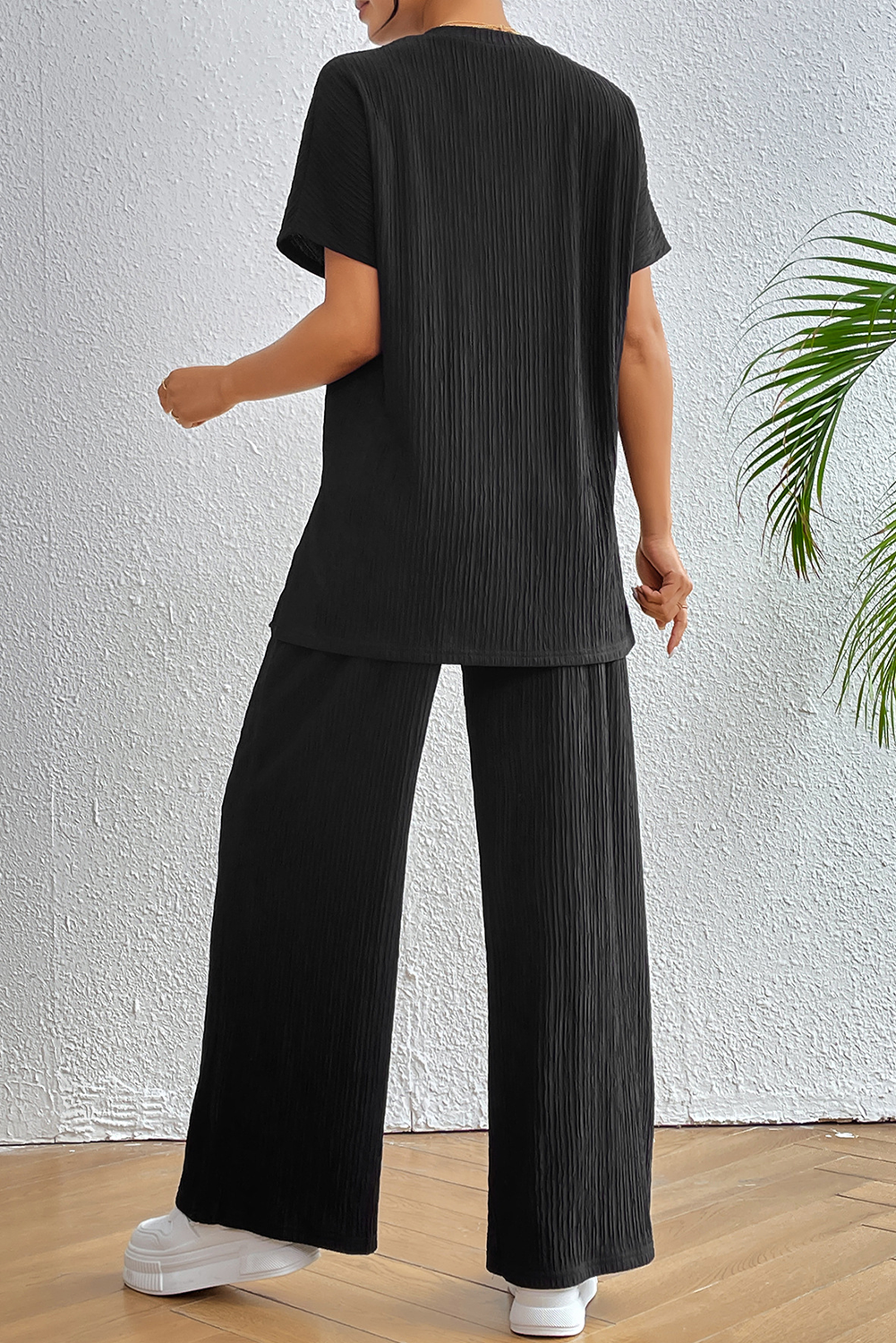 Black Ribbed Texture Side Split Loose Tee and Pants Set