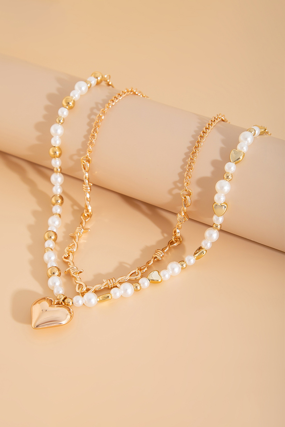 Gold 2pcs Alloy Plated Heart Pendant Pearl Necklace Set