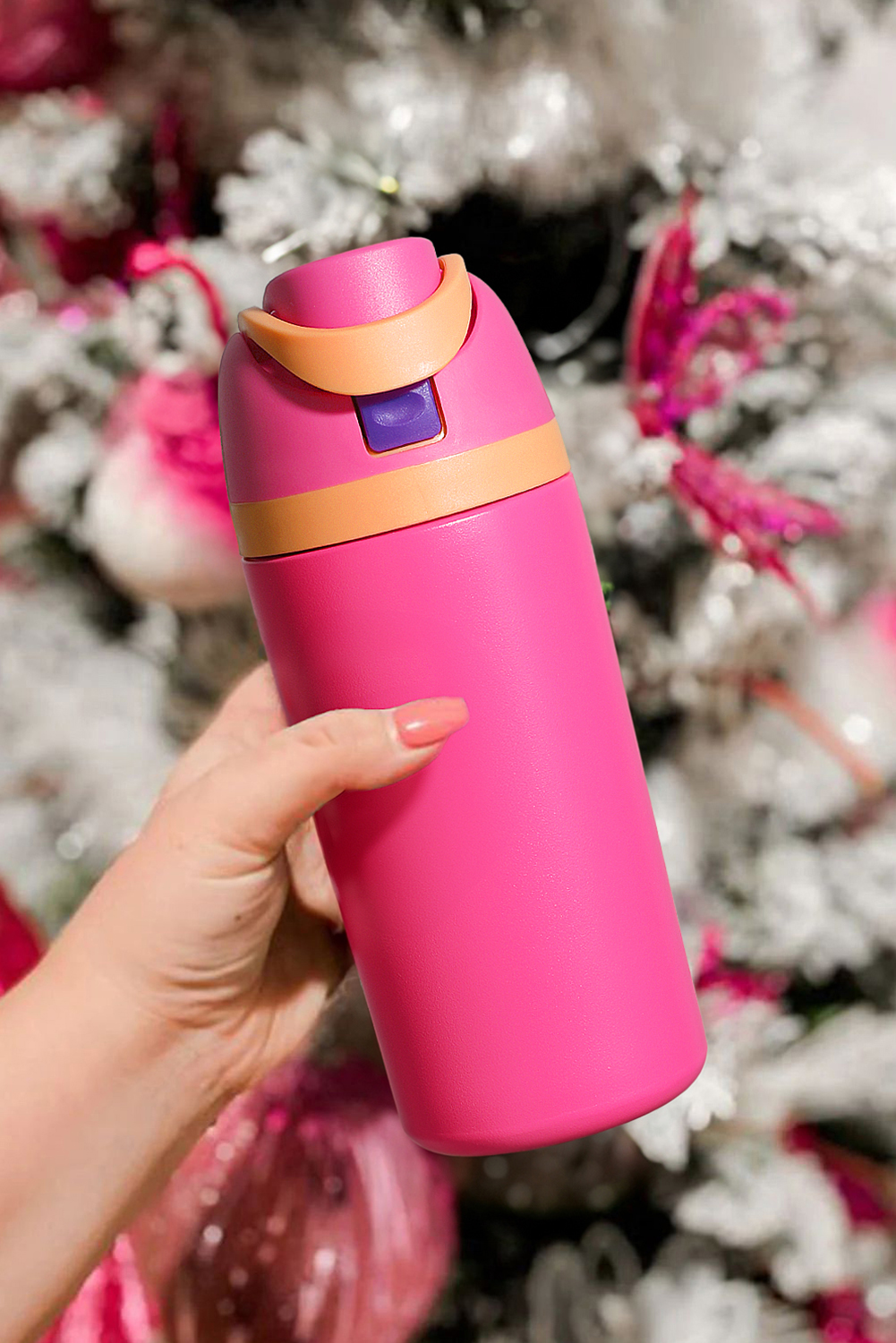 Strawberry Pink Insulated Stainless Steel Tumbler with Carry Loop 16oz