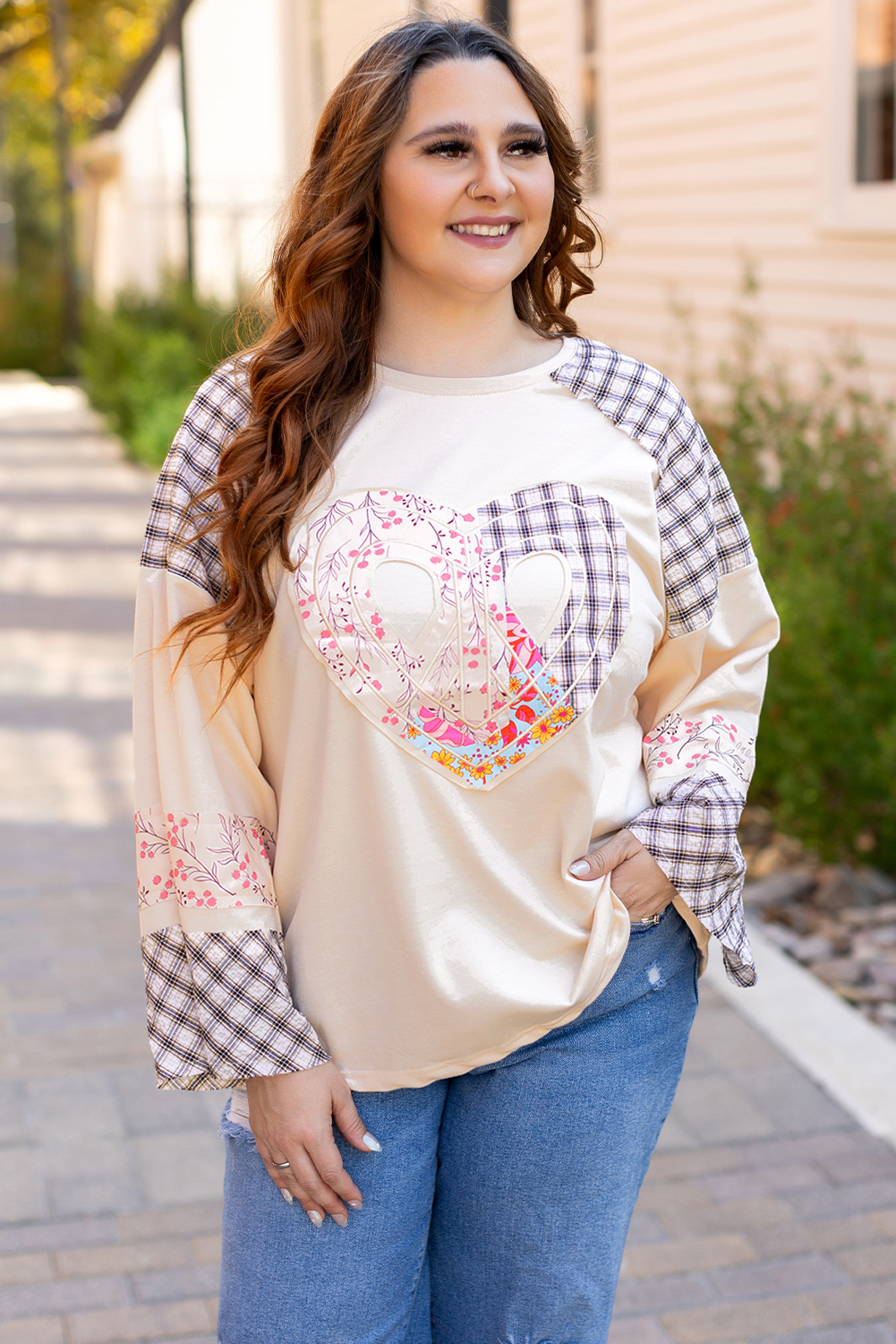 Beige Flower Patch Graphic Exposed Seam Wide Sleeve Top