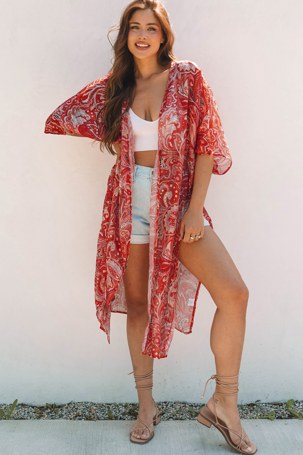 Red Floral Print Side Slit Open Front Long Kimono