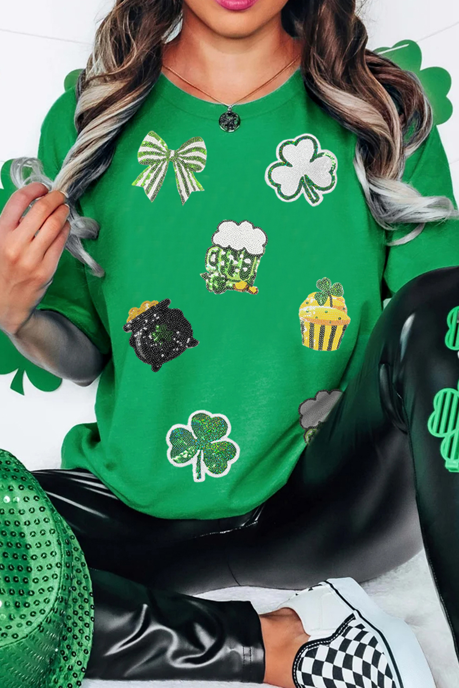 Bright Green Dainty Irish Fashion Sequin Graphic Tee