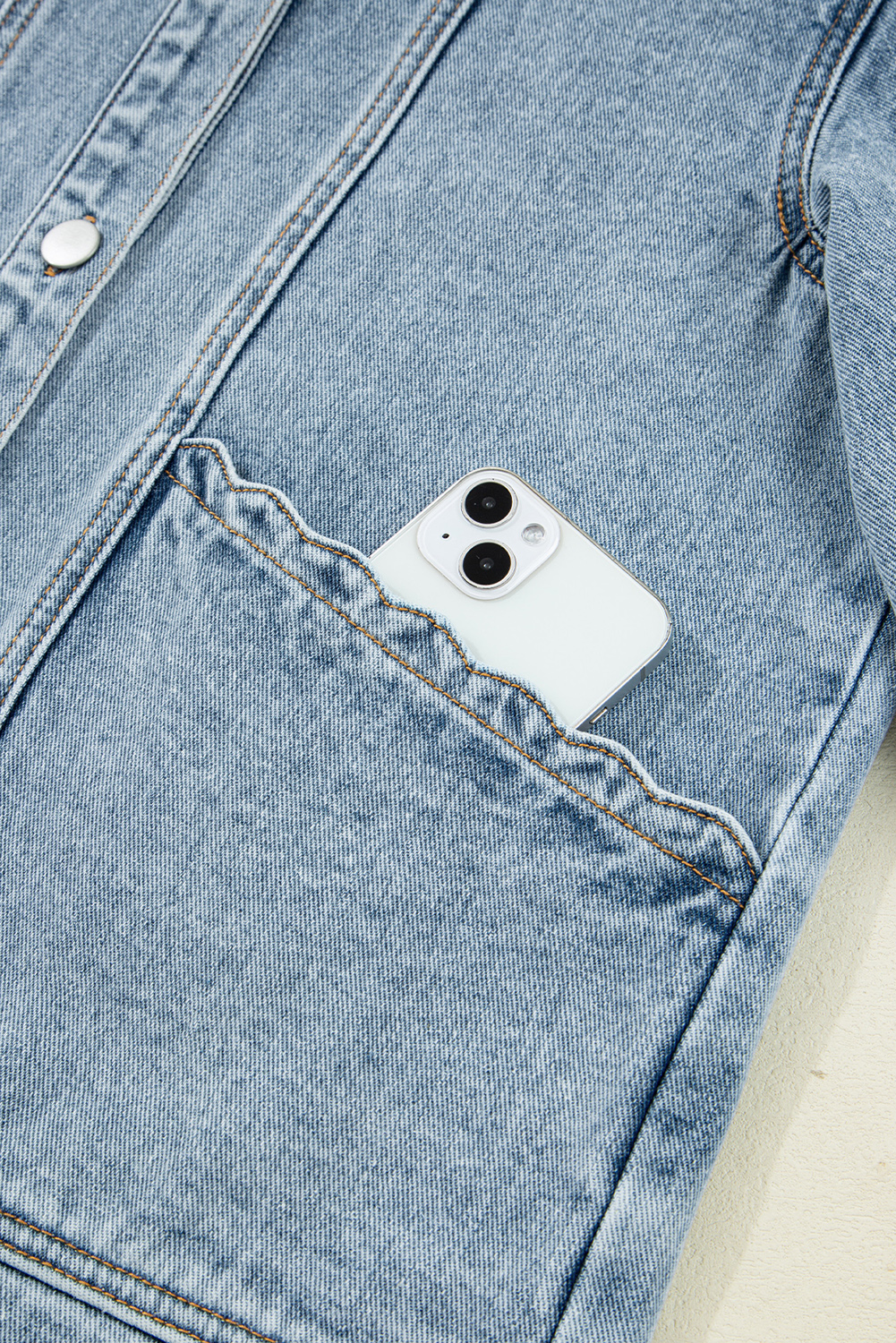 Myosotis Scallop Trim Collar Patched Pocket Button Up Mineral Washed Denim Jacket