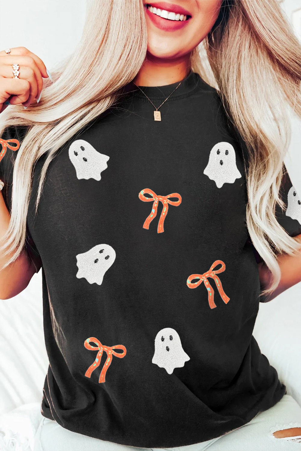 Black Sequin Bow Ghost Patched Halloween Graphic Tee