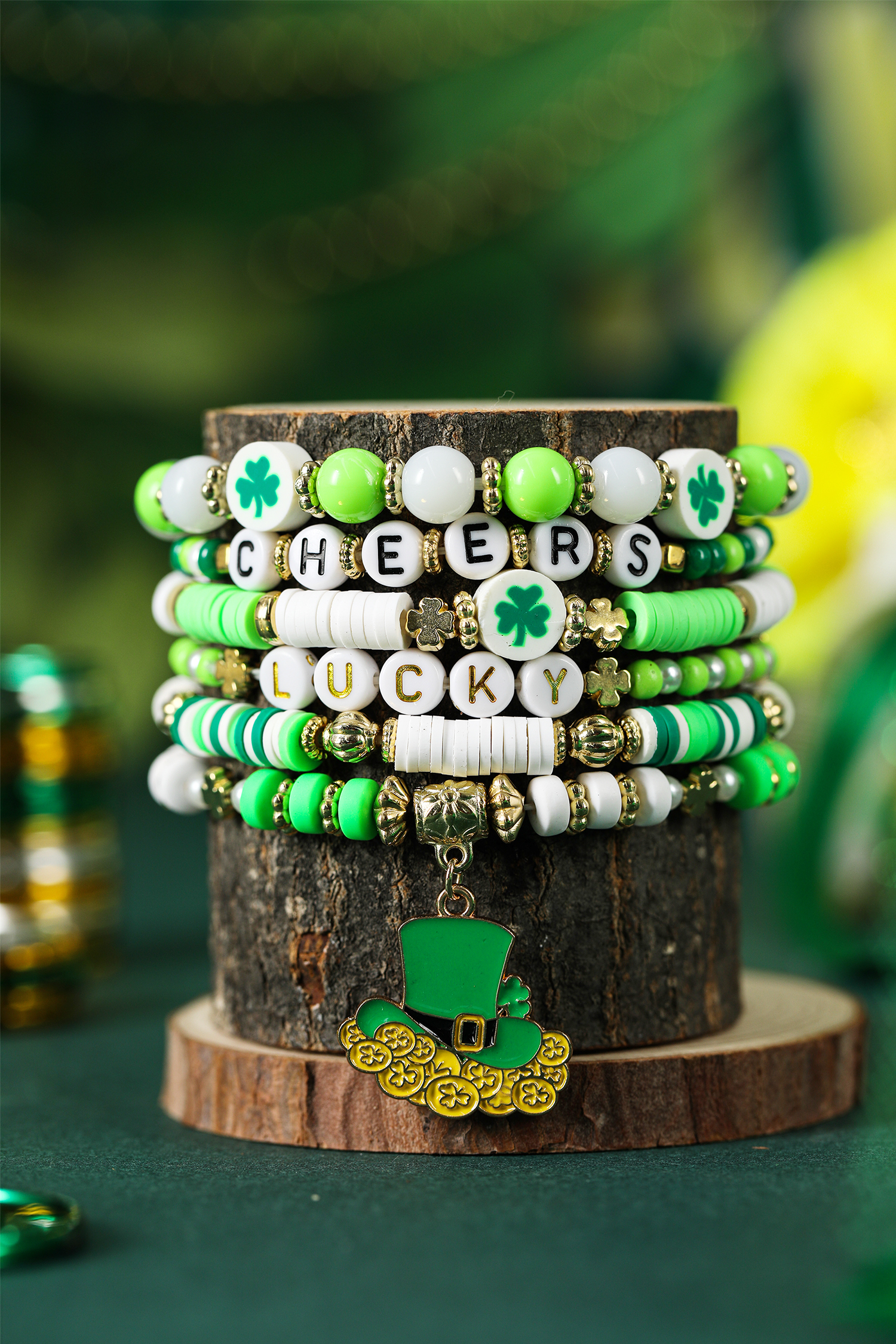 Green LUCKY CHEERS St Patricks Day Multilayered 6pcs Bracelet Set