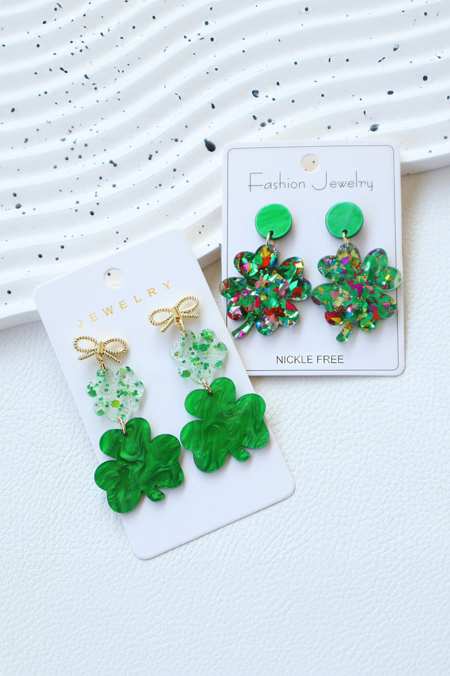 Green Double Clover Dangle Pendant Bow Stud Earrings