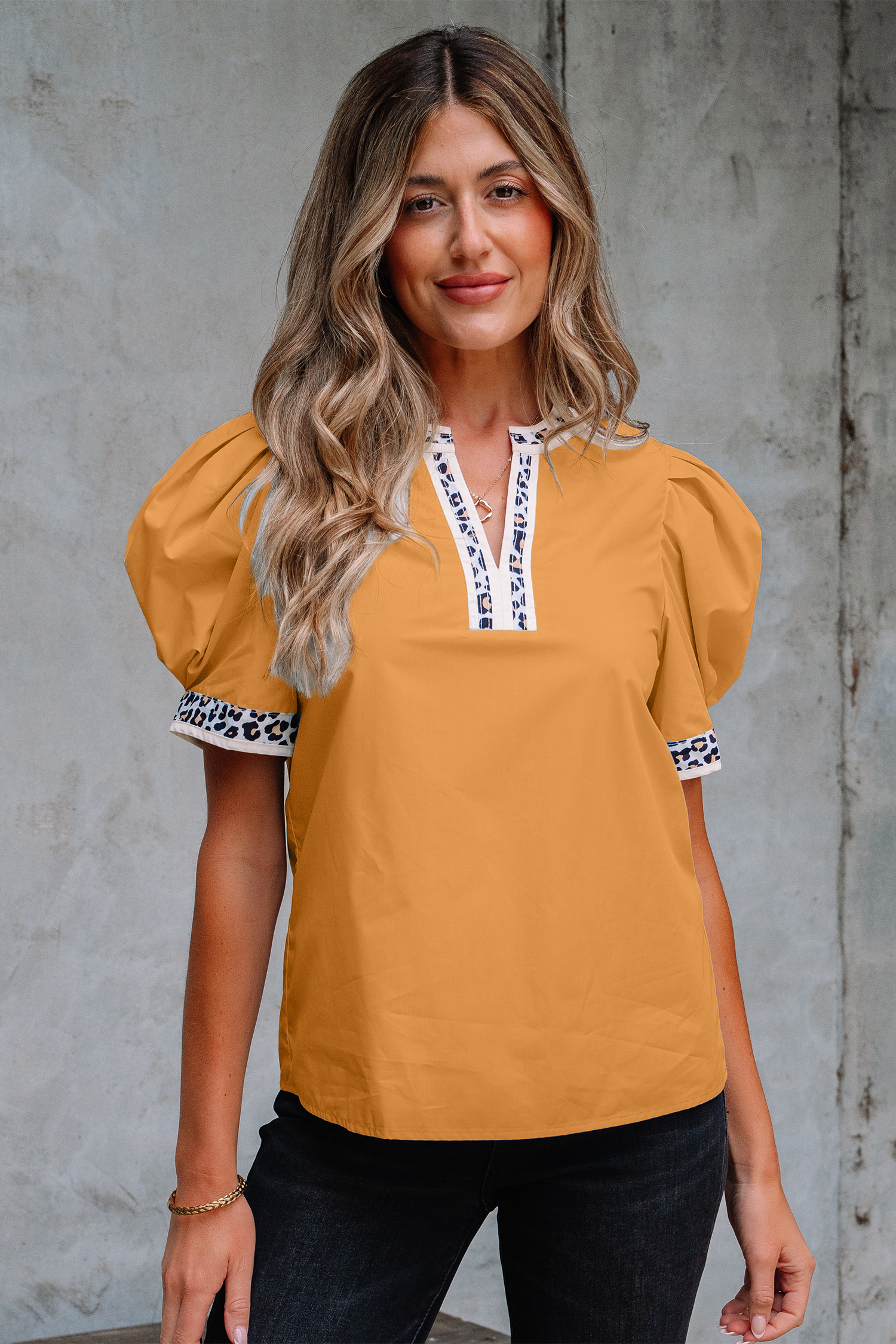 Buckskin Contrast Leopard Trim Split Neck Puff Sleeve Blouse
