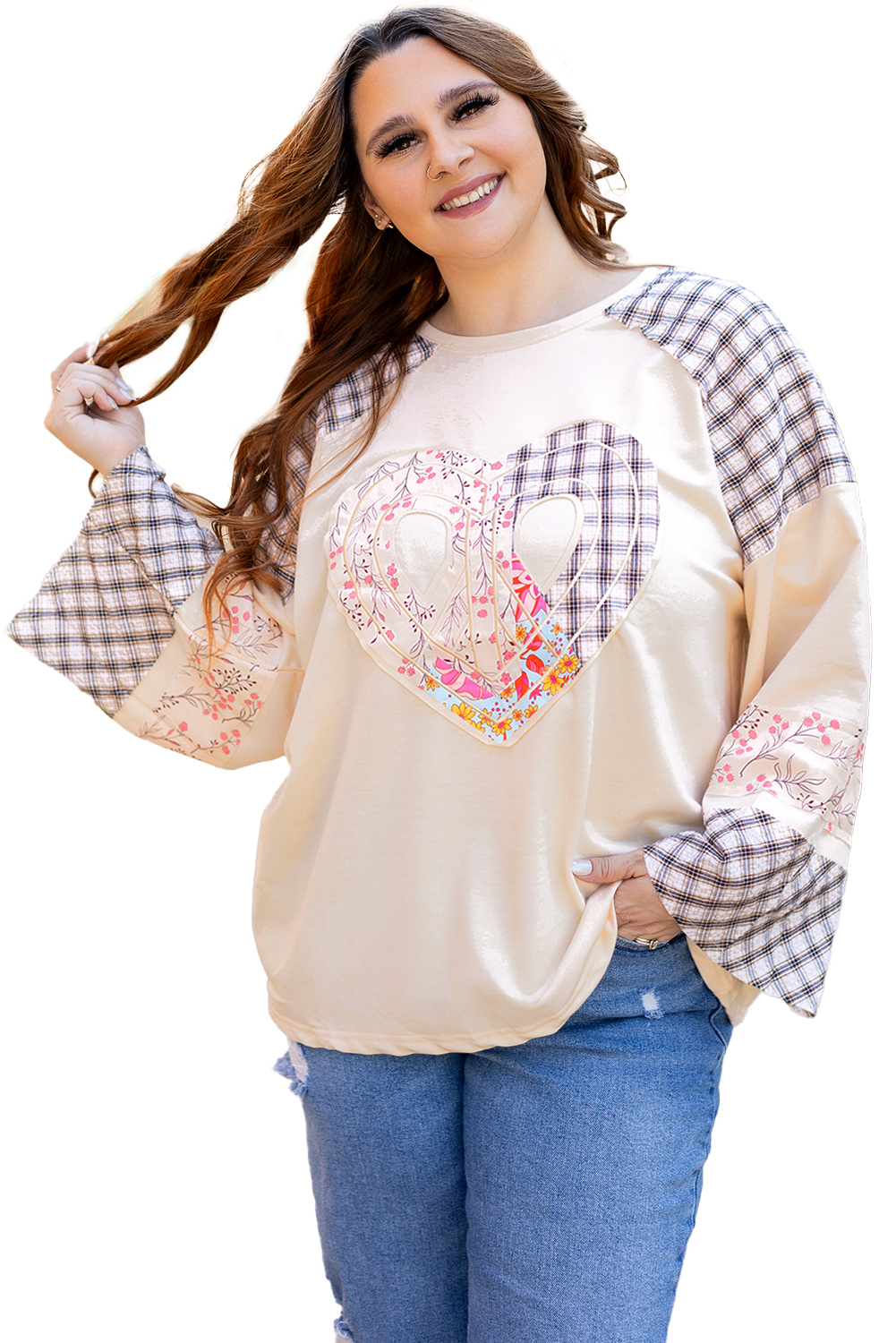 Beige Flower Patch Graphic Exposed Seam Wide Sleeve Top