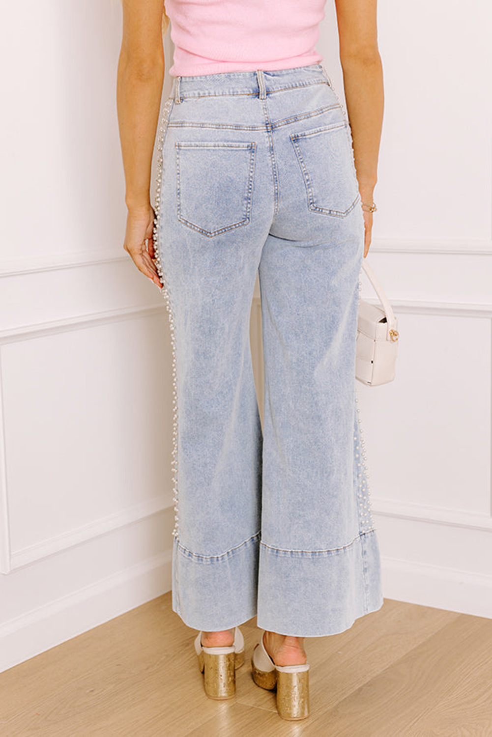 Beau Blue Mid Rise Pearl Embellished Split Wide Leg Jeans