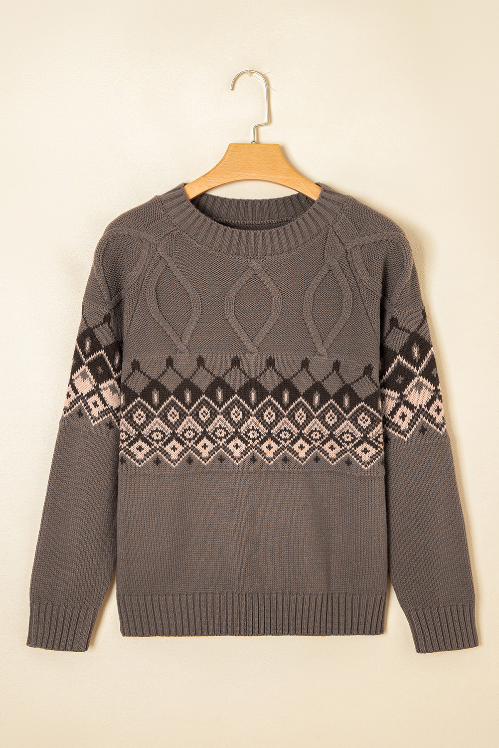 Light French Beige Western Geometric Patterned Crew Neck Knitted Sweater