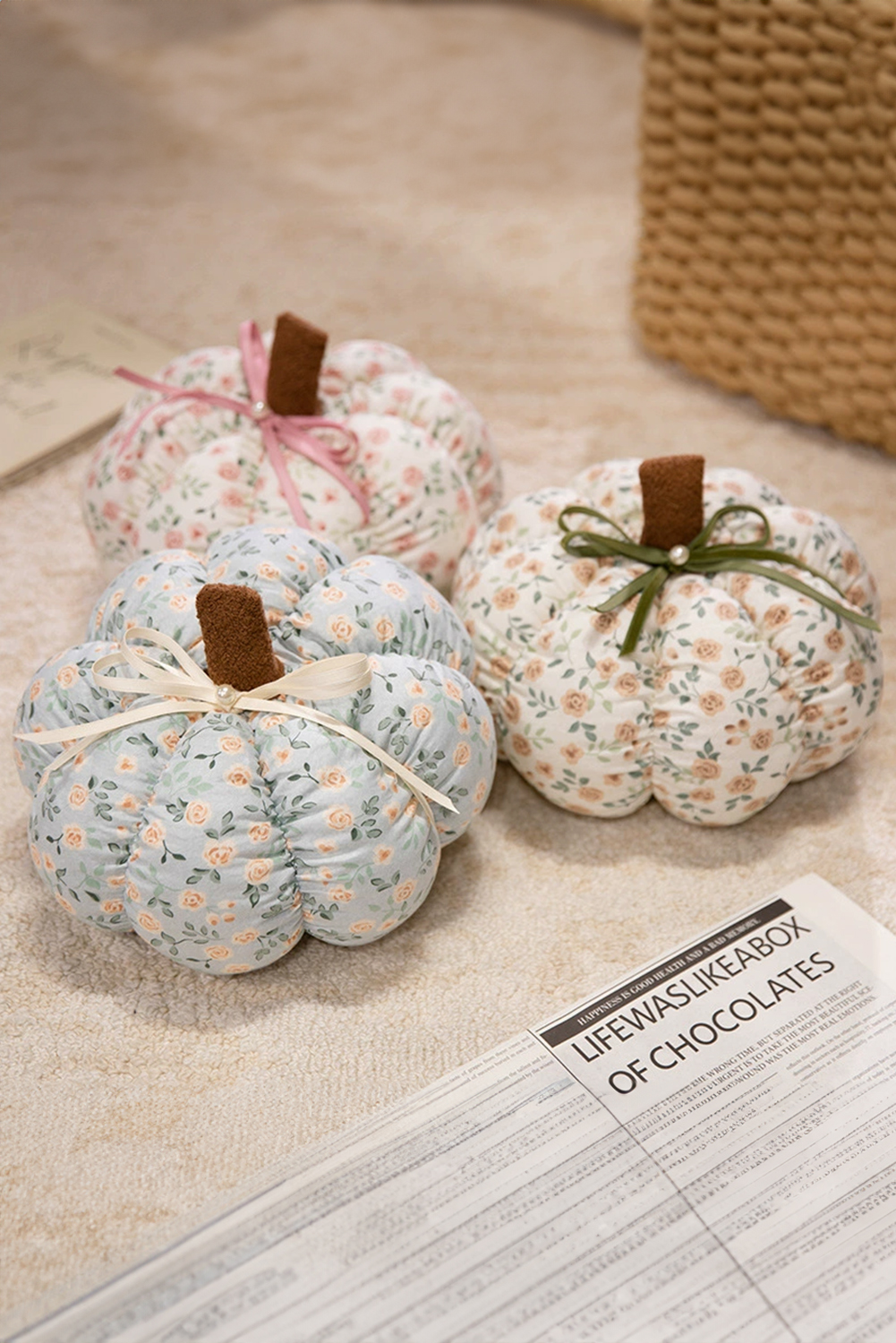 Pink Floral Print Pearl Bow Decor Pumpkin Throw Pillow