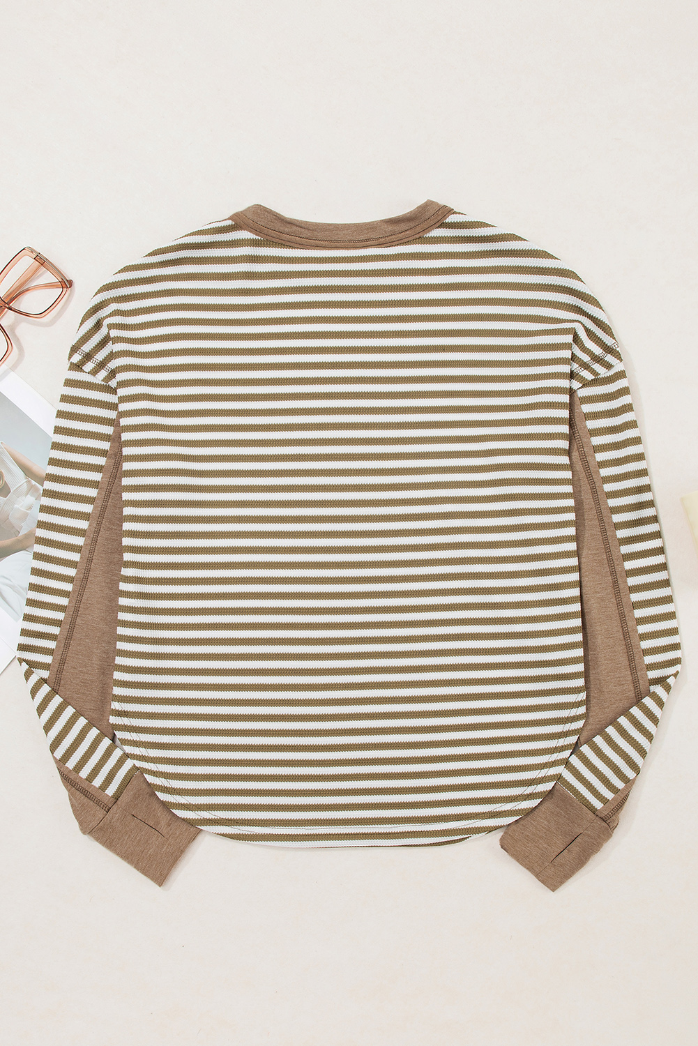 Dearlovers Green Stripe Thermal Knit Drop Shoulder Casual Top