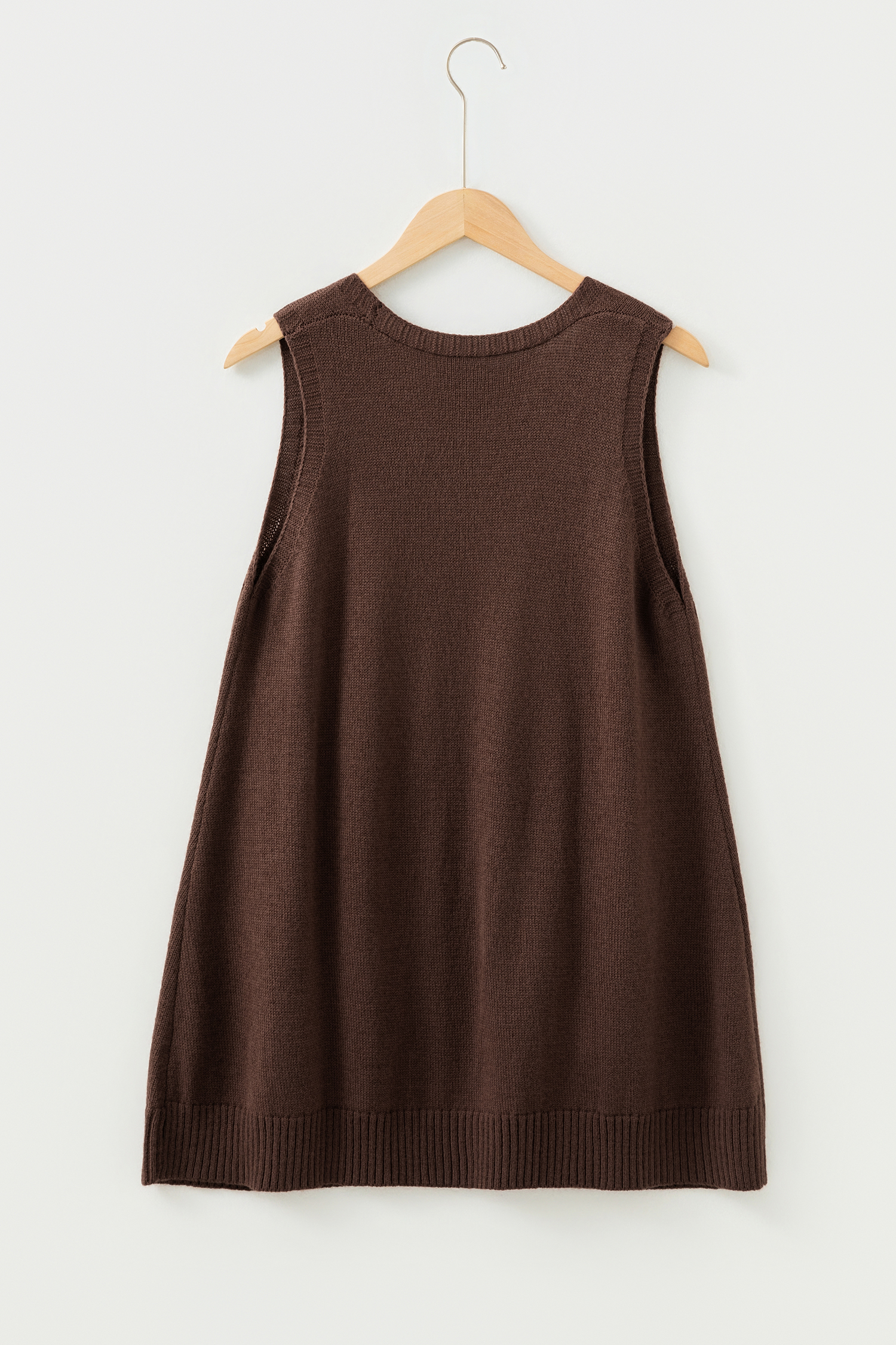 Dark Brown Ribbed Deep V Neckline Front Pocketed Loose Tunic Sweater Vest