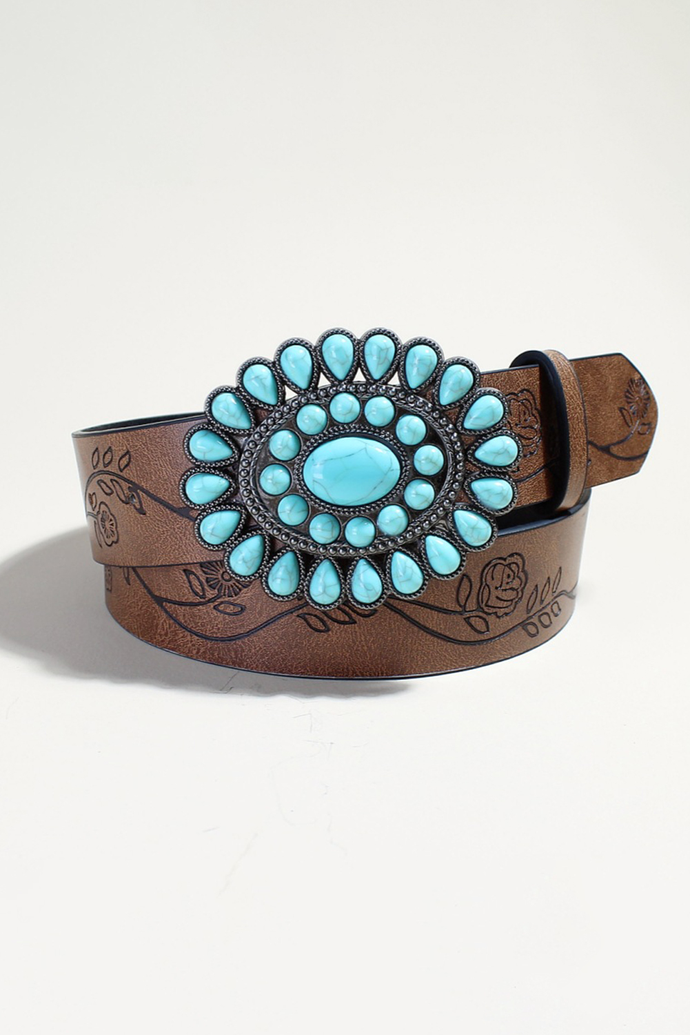 Chestnut Turquoise Gem Stone Western Fashion Faux Leather Belt