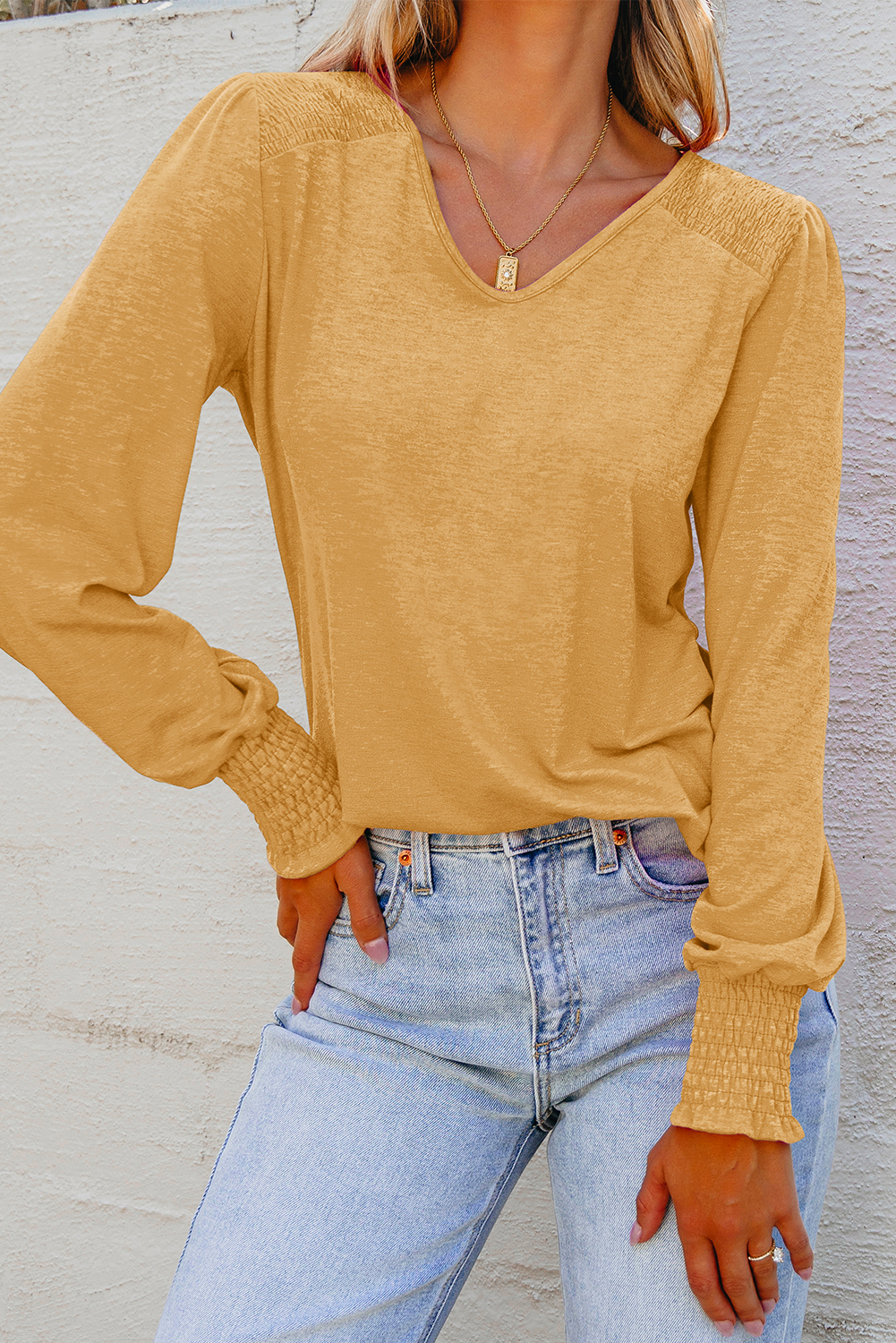 Beige Shirred Shoulder Frilled Cuffs Long Sleeve Top