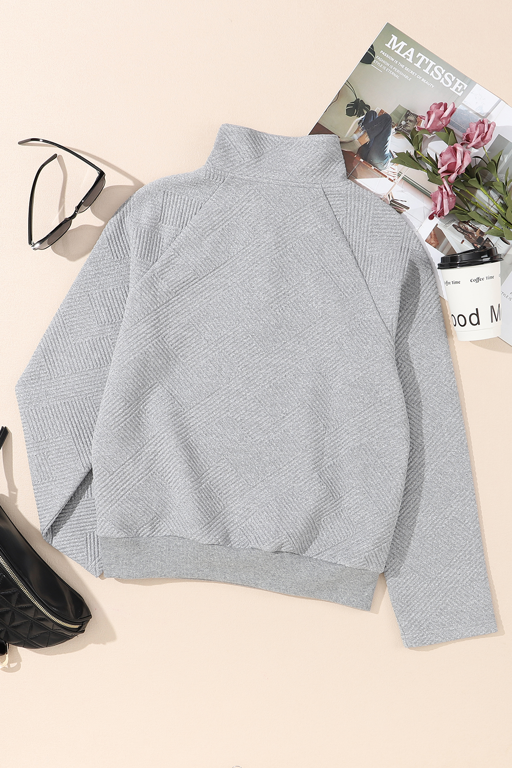 Apricot  Asymmetric Buttons Detail High Neck Textured Sweatshirt