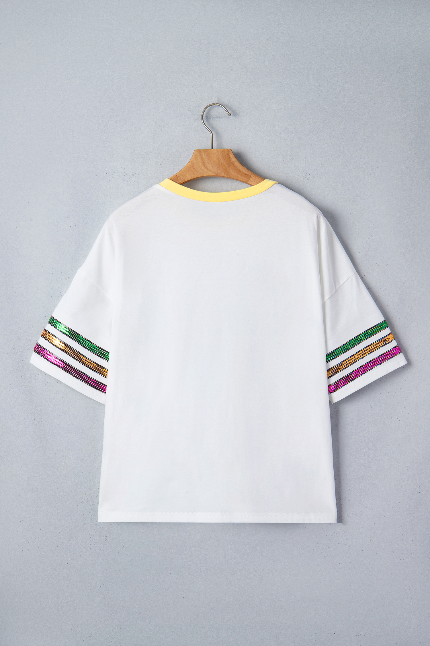 White Sequin Fleur de Lis Mardi Gras Varsity T Shirt