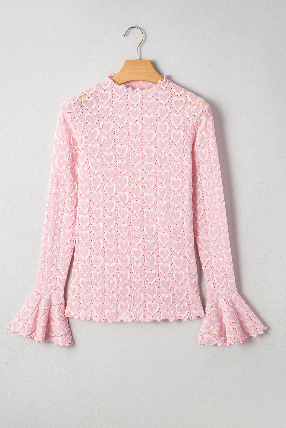 Gossamer Pink Heart Jacquard Flare Sleeve Mock Neck Fitted Top
