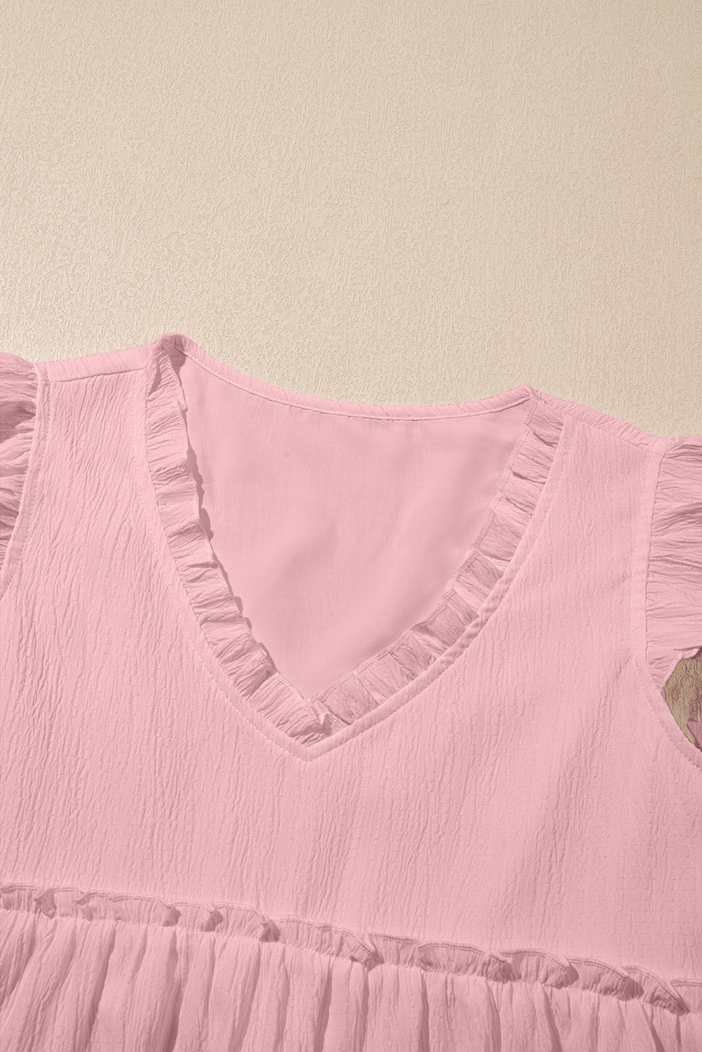 Light Pink Textured Ruffled Trim V Neck Flutter Flowy Top