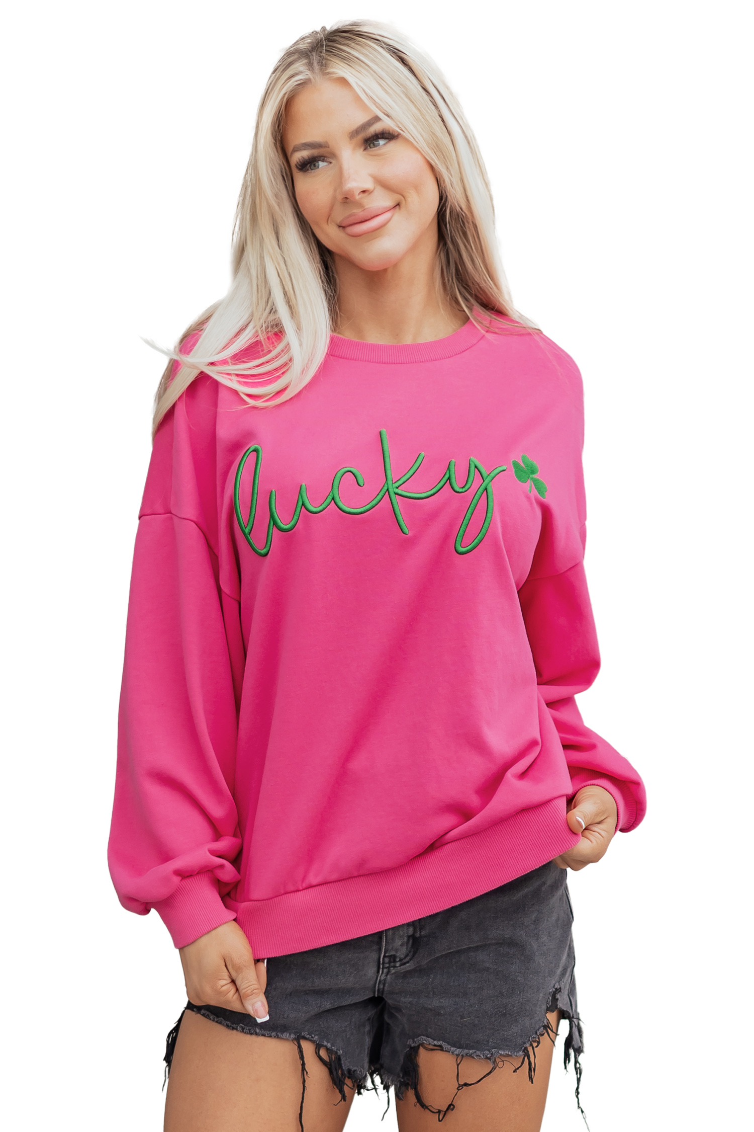 Rose Red Lucky Clover Embroidered Loose Pullover Sweatshirt