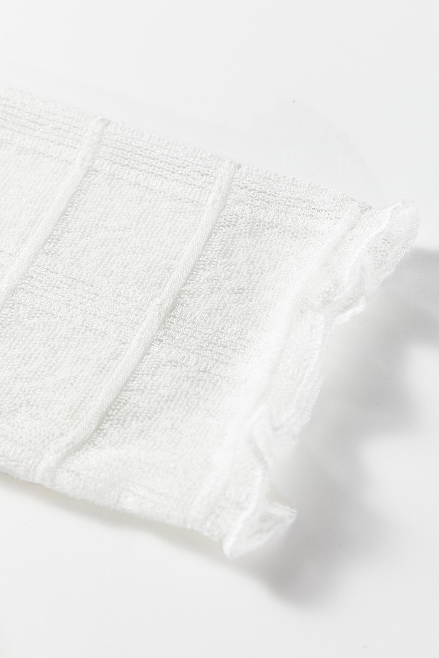 White Sheer Plaid Mesh Lettuce Trim Slim Fit Long Sleeve Top